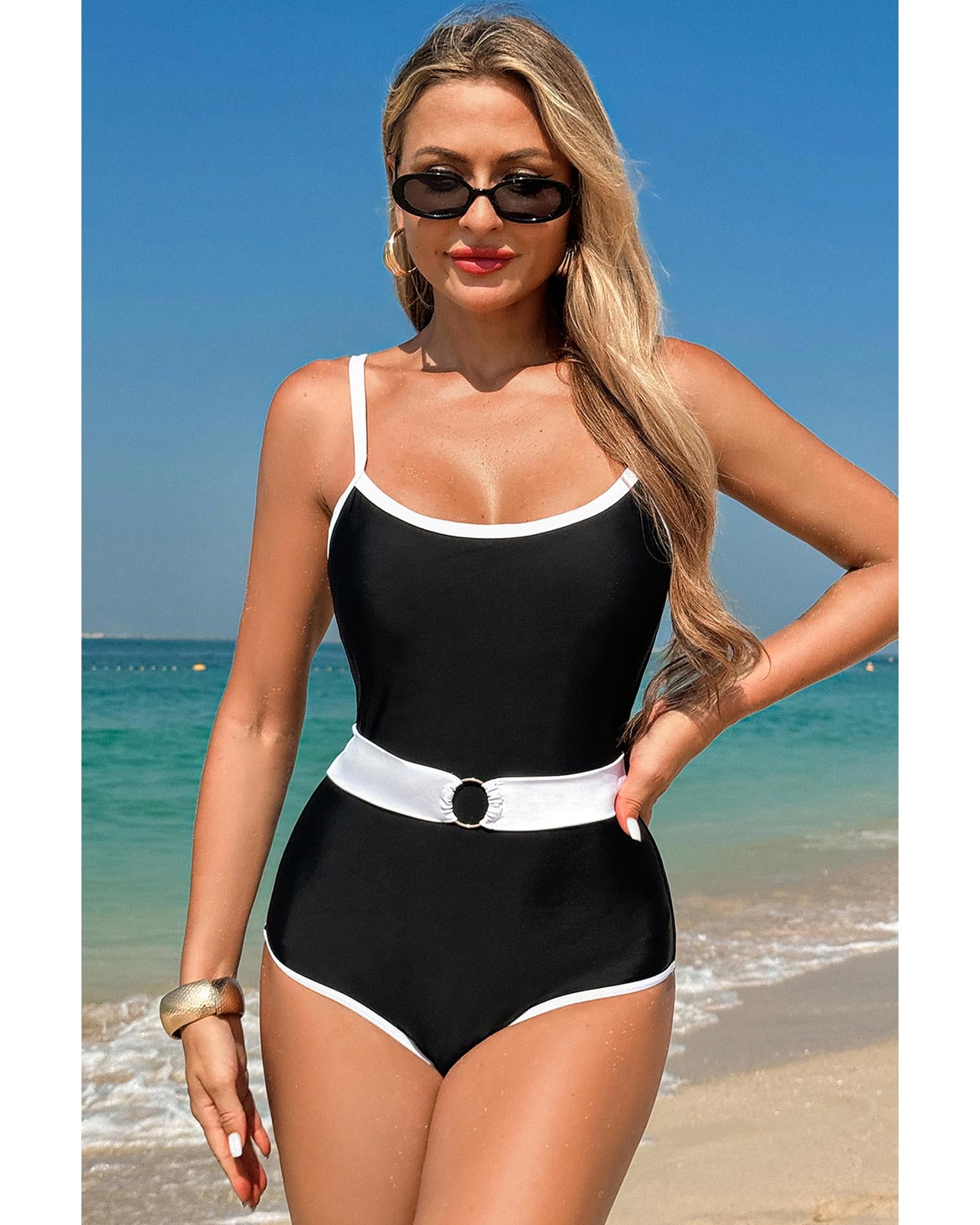 Black Contrast Trim Two Tone Belted One Piece Swimsuit - L