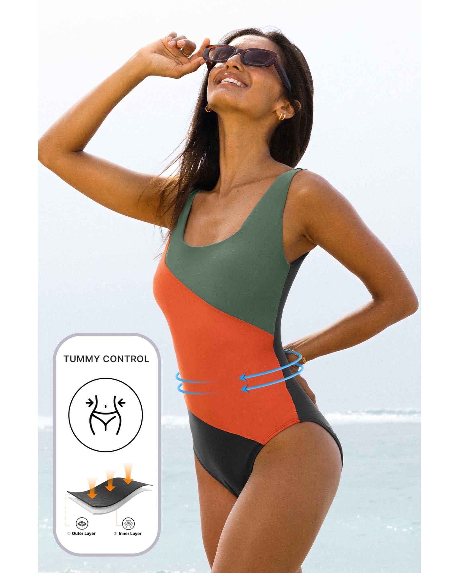 Duffel Green Color Block Padded Square Neck One Piece Swimsuit - L