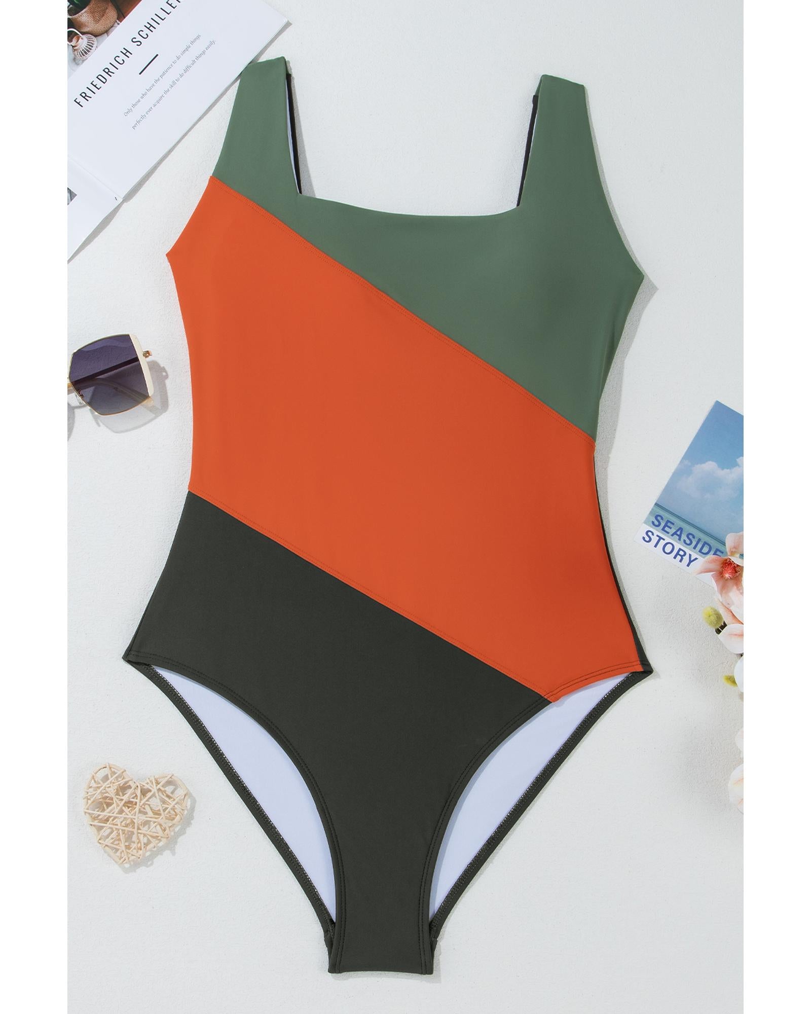 Duffel Green Color Block Padded Square Neck One Piece Swimsuit - L