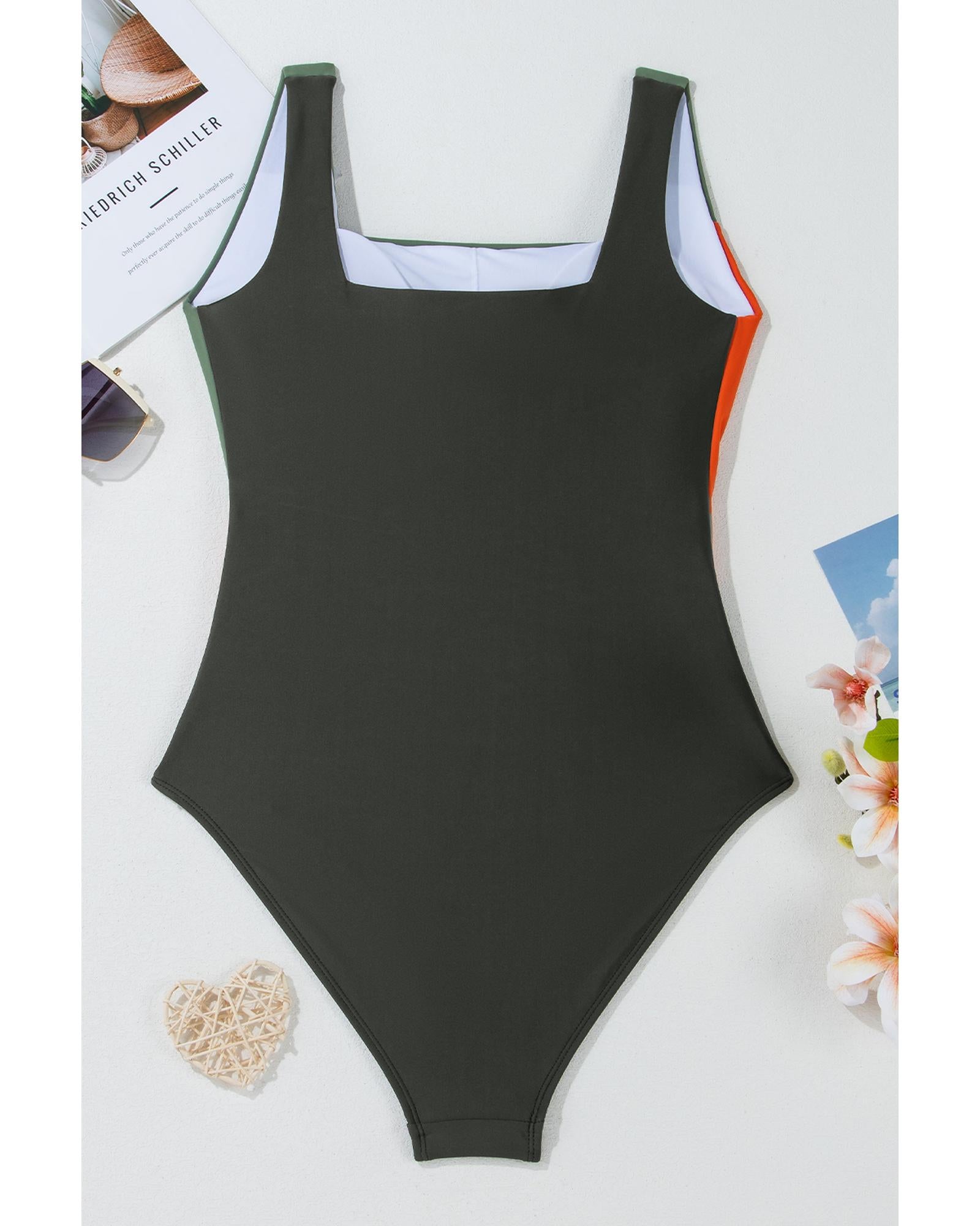Duffel Green Color Block Padded Square Neck One Piece Swimsuit - L