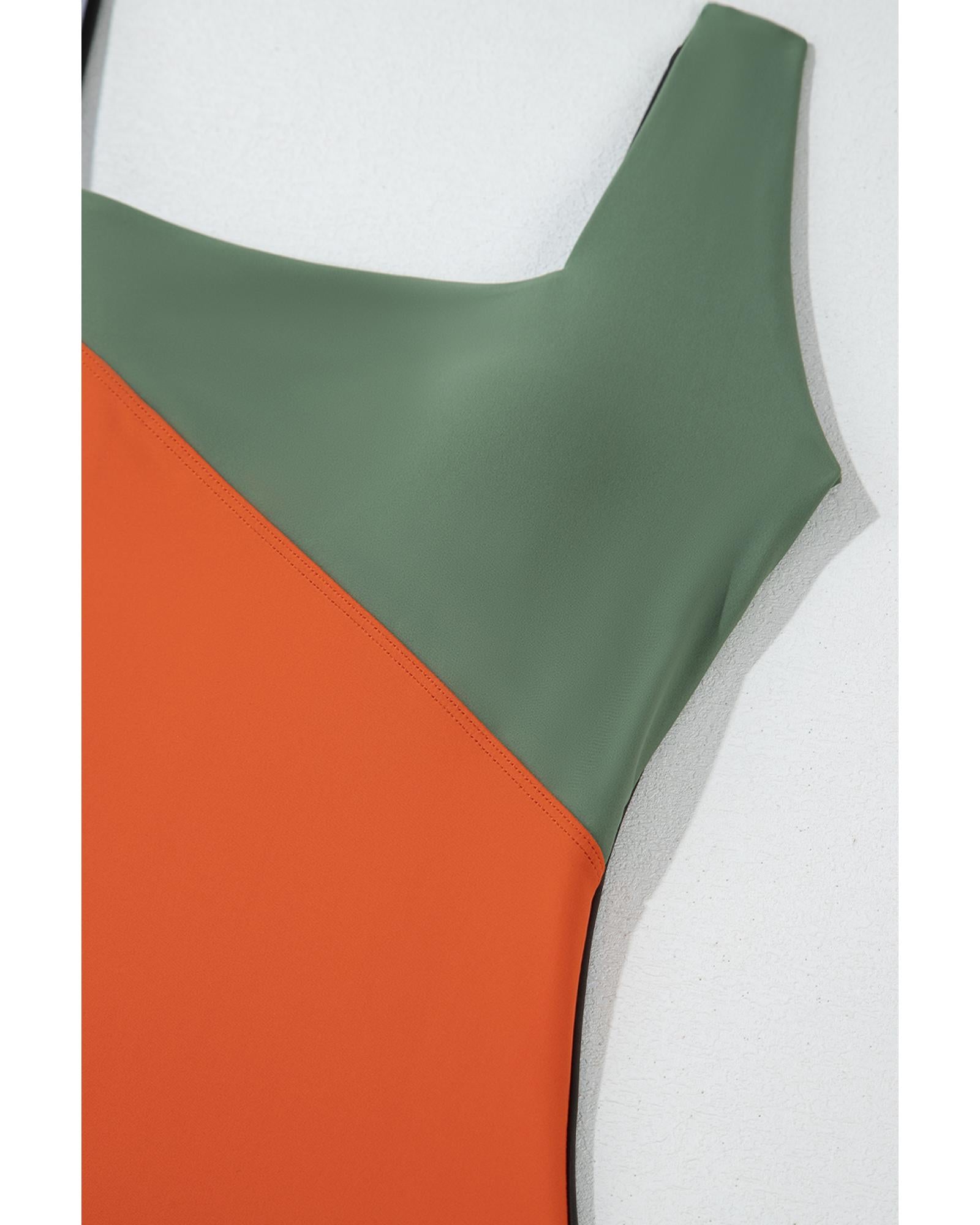 Duffel Green Color Block Padded Square Neck One Piece Swimsuit - L
