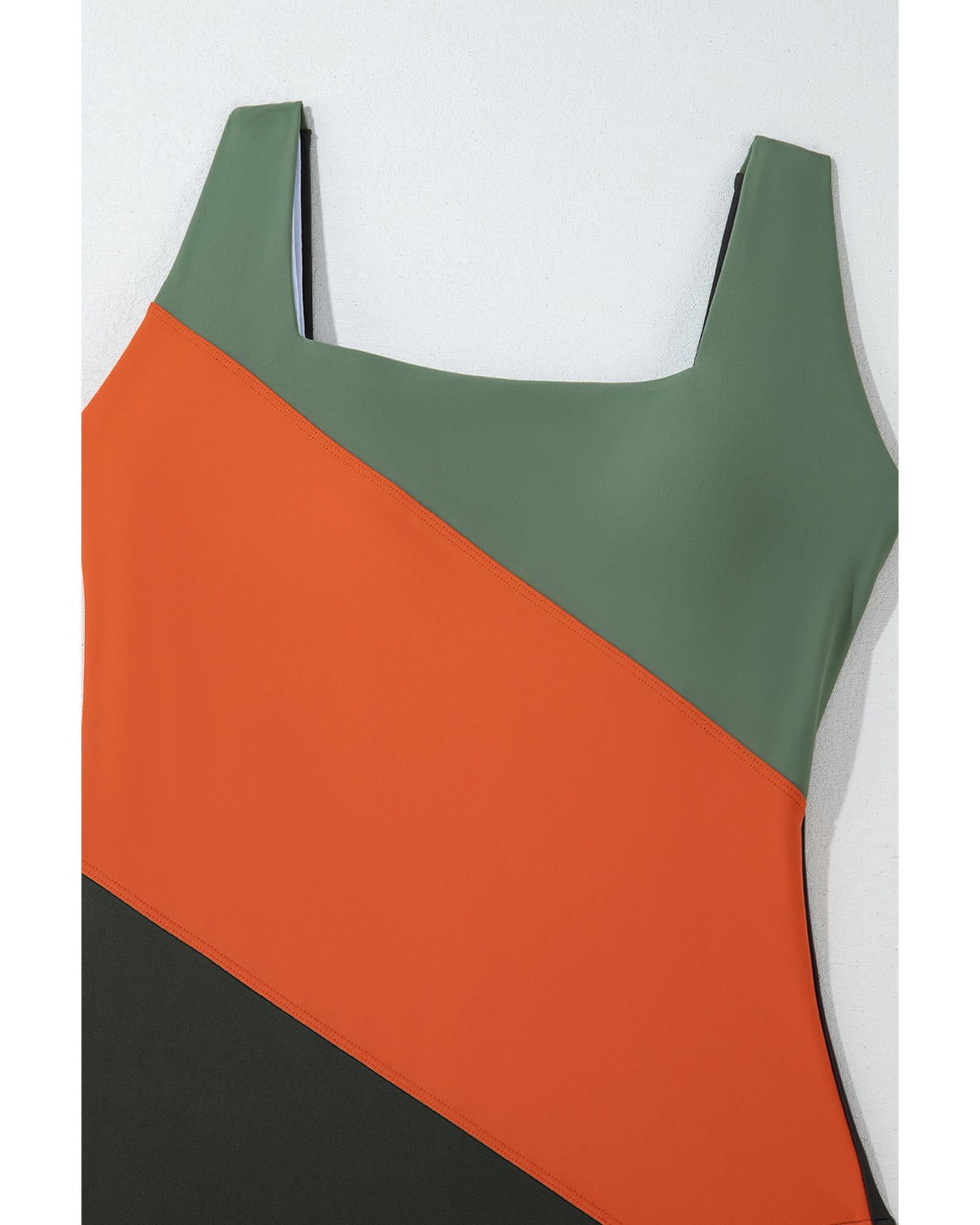 Duffel Green Color Block Padded Square Neck One Piece Swimsuit - M