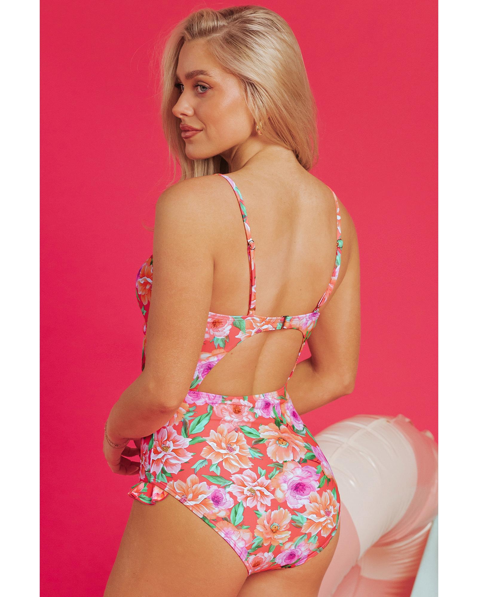 Red Floral Ruffle Trim Cutout Knotted One Piece Swimsuit - XL