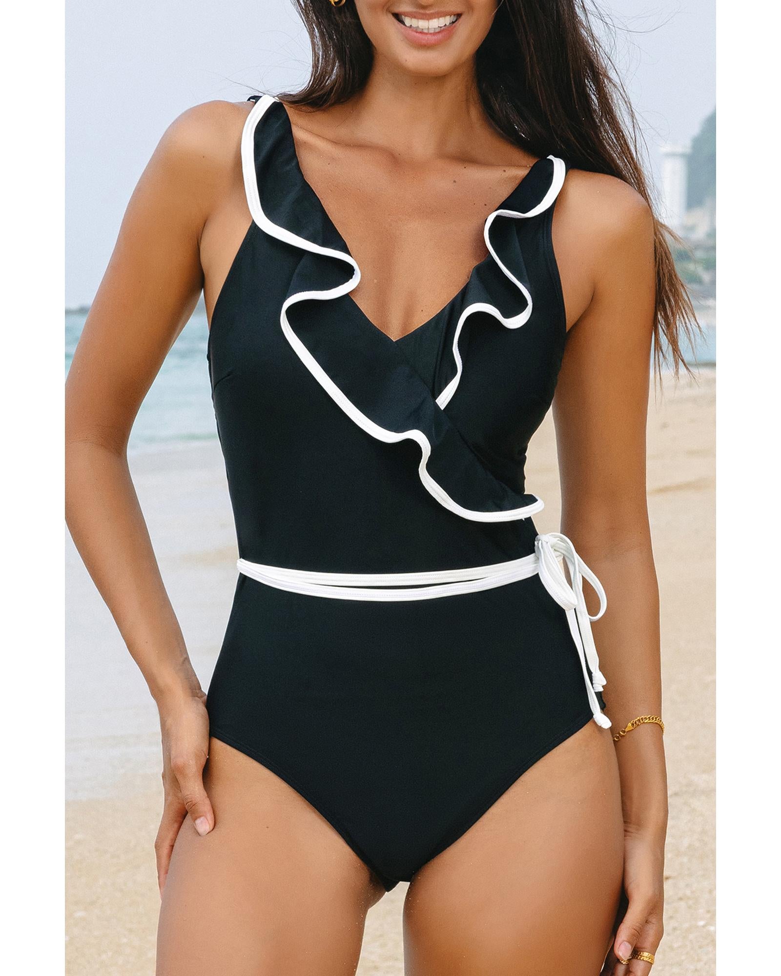 Black Color Contrast Ruffled Wrap V Neck Swimsuit - L