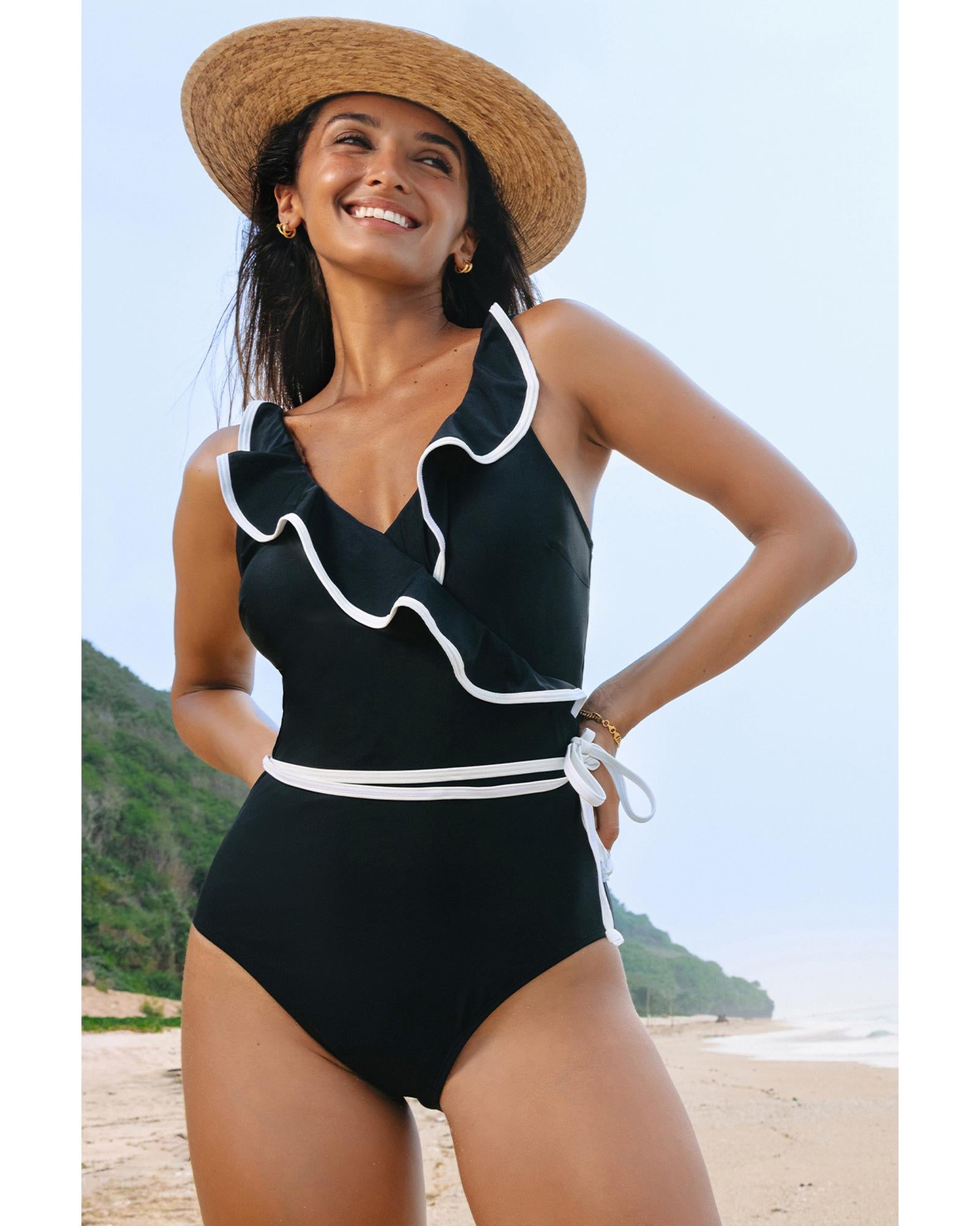 Black Color Contrast Ruffled Wrap V Neck Swimsuit - L