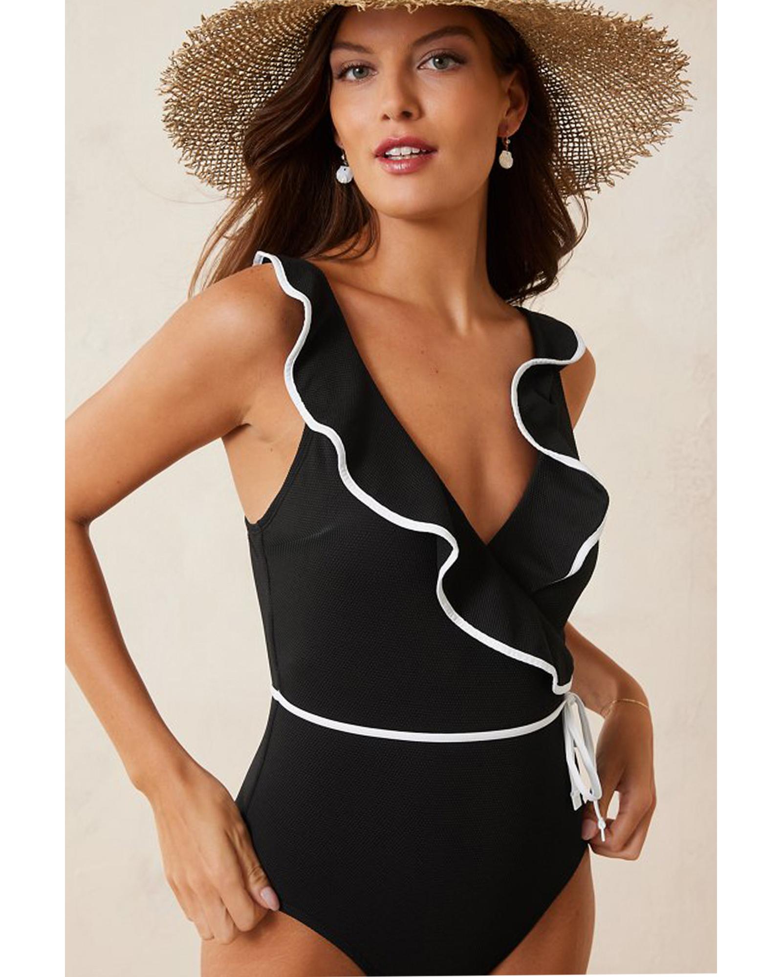 Black Color Contrast Ruffled Wrap V Neck Swimsuit - L