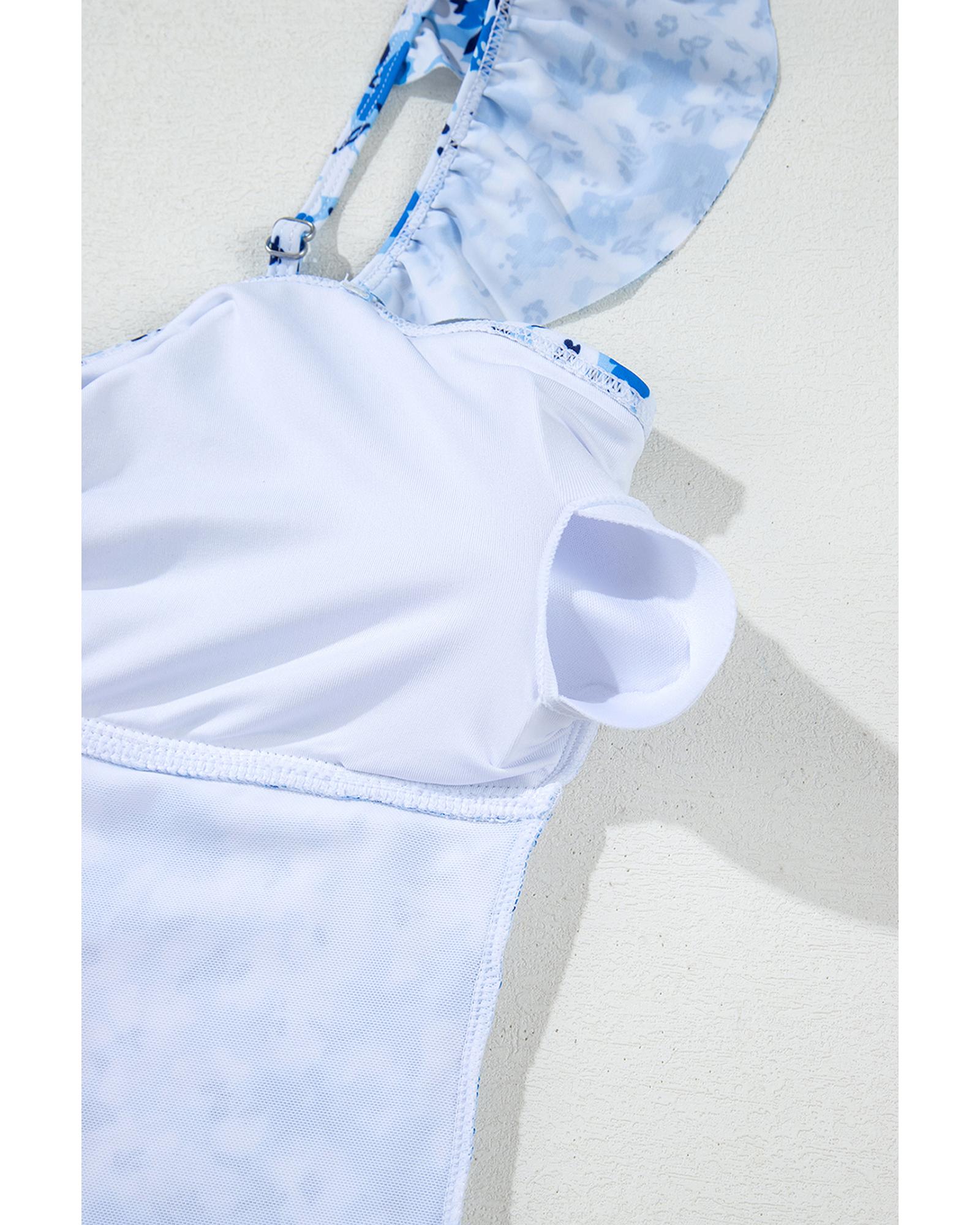Blue Floral Ruffled Strap Lace-up Hollow Out One Piece Swimsuit - L