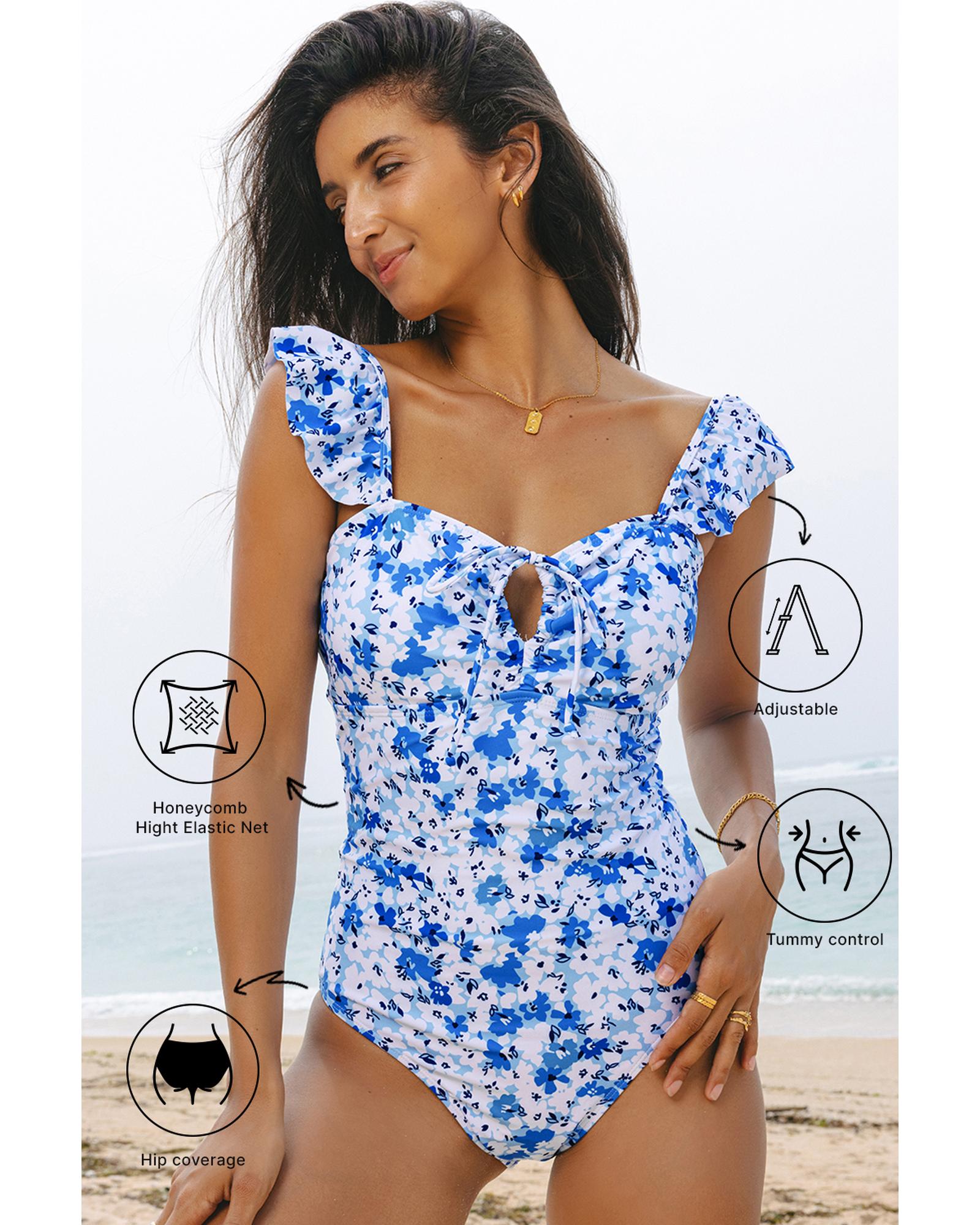 Blue Floral Ruffled Strap Lace-up Hollow Out One Piece Swimsuit - M