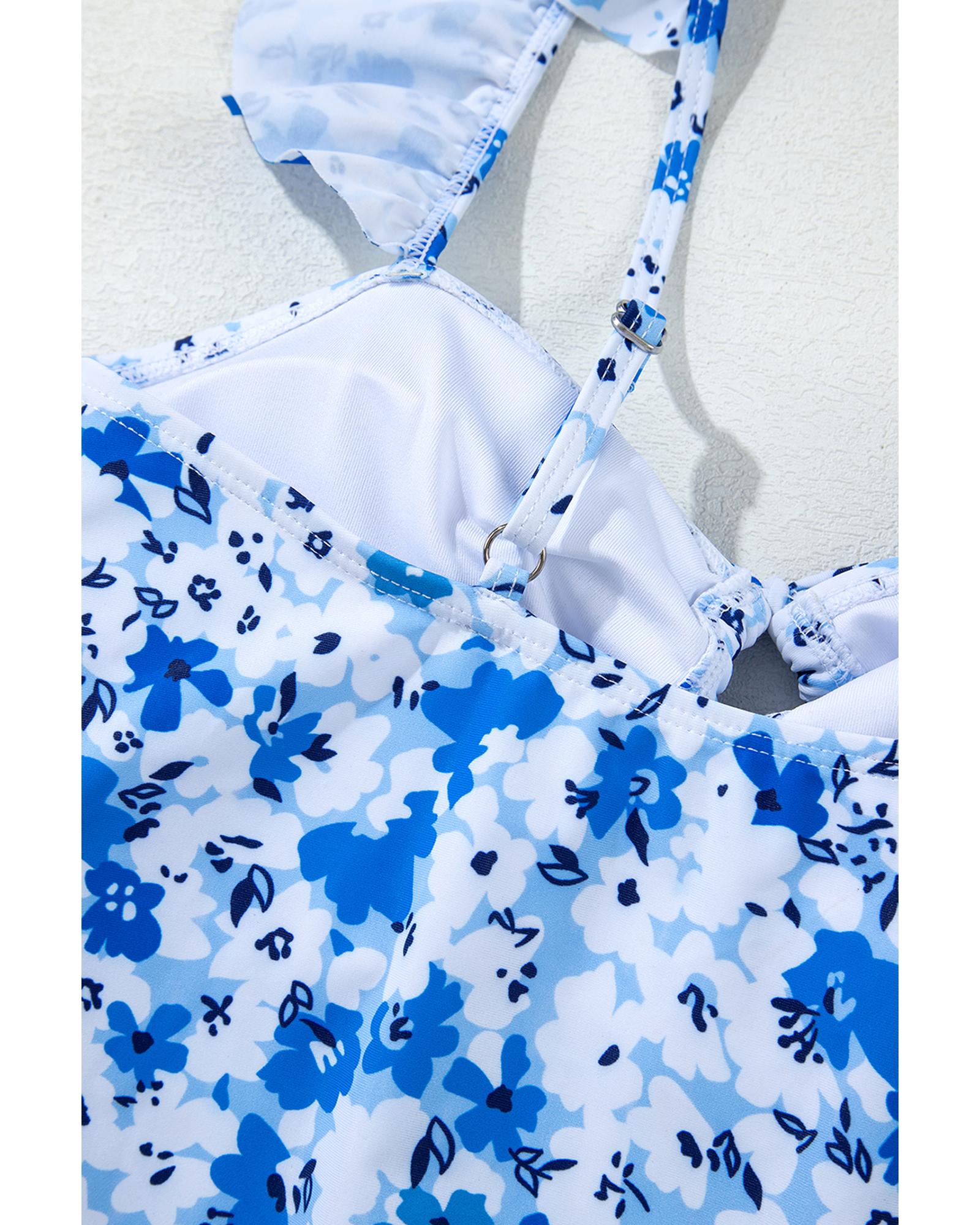 Blue Floral Ruffled Strap Lace-up Hollow Out One Piece Swimsuit - M
