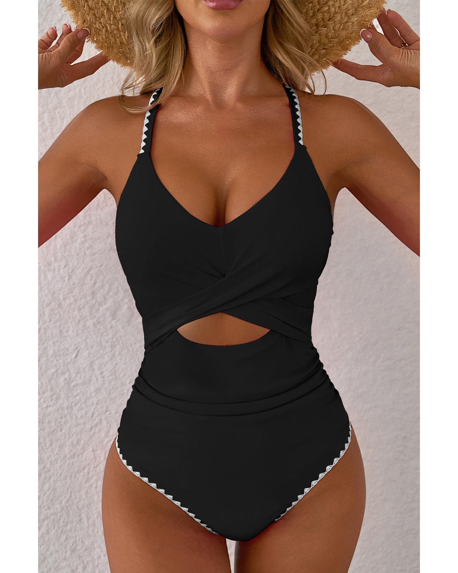 Black Ric Rac Trim Contrasted Patchwork Cutout One Piece Swimsuit - XL