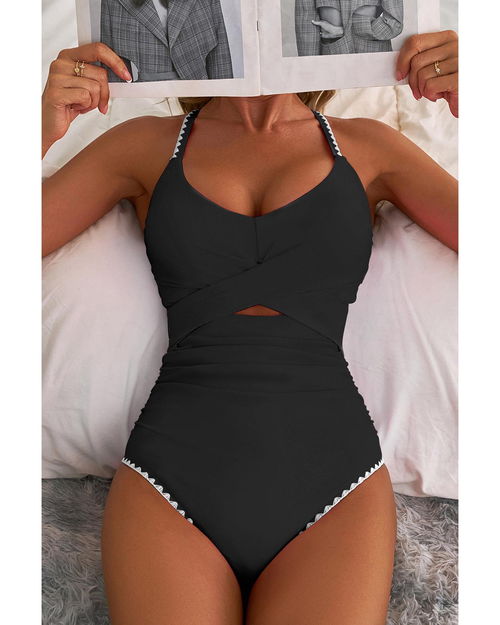 Black Ric Rac Trim Contrasted Patchwork Cutout One Piece Swimsuit - XL