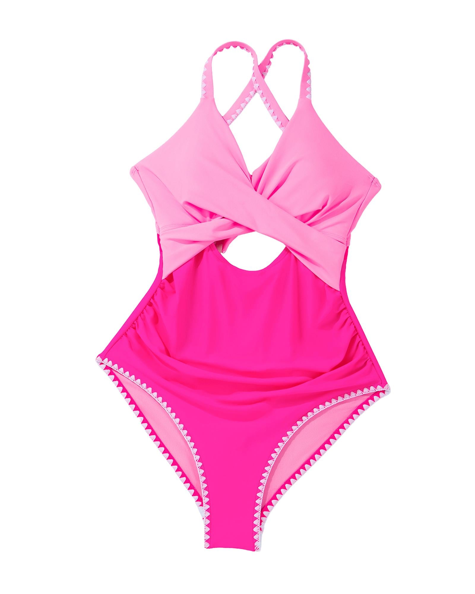 Rose Red Ric Rac Trim Contrasted Patchwork Cutout One Piece Swimsuit - L