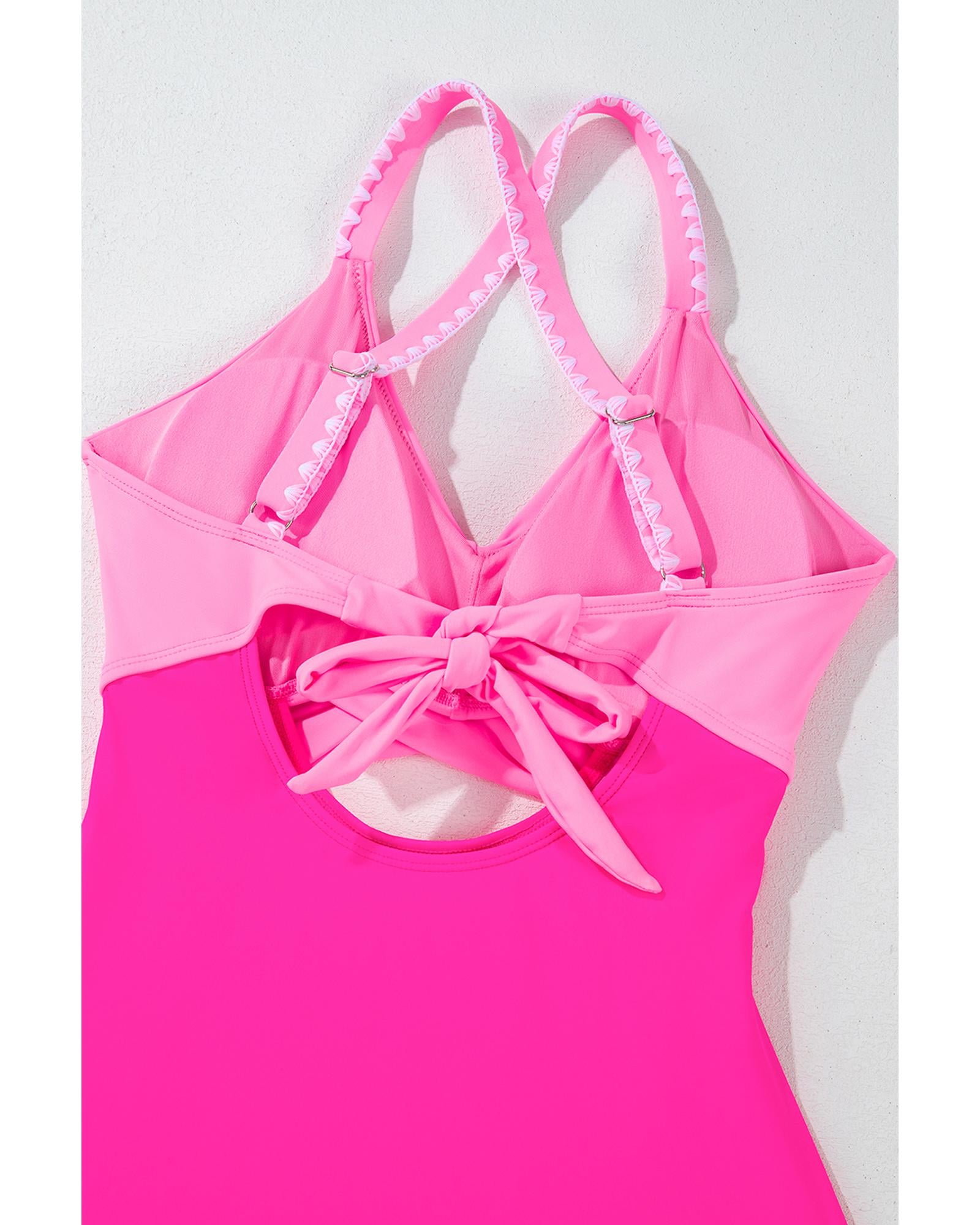 Rose Red Ric Rac Trim Contrasted Patchwork Cutout One Piece Swimsuit - L