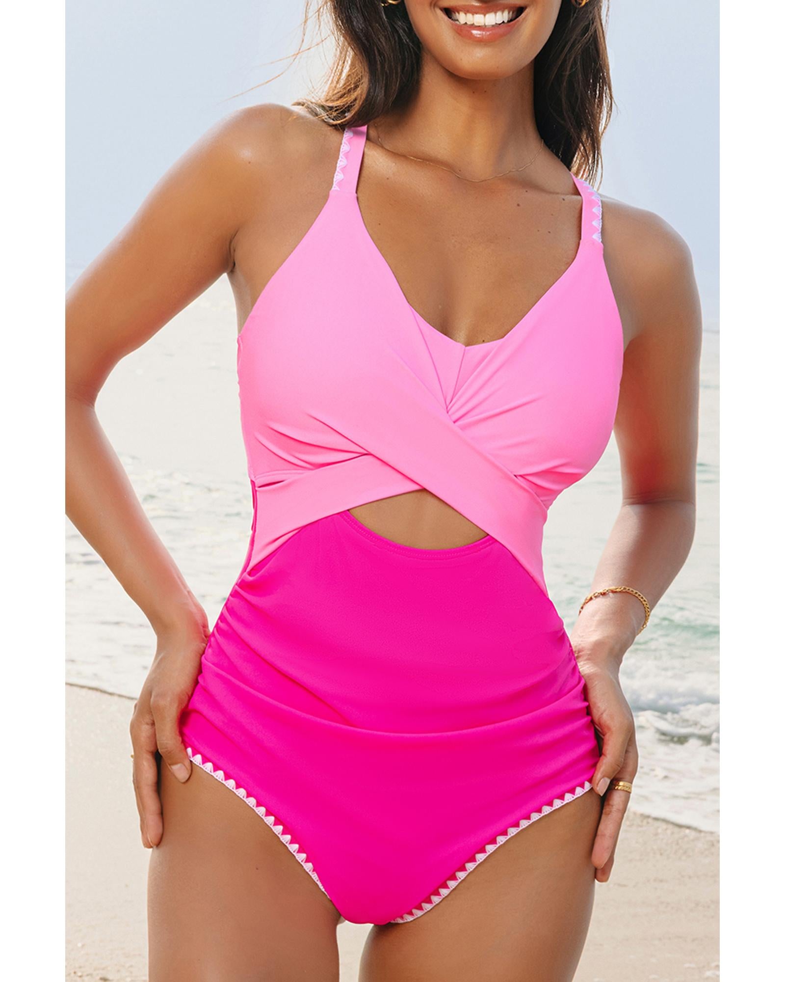 Rose Red Ric Rac Trim Contrasted Patchwork Cutout One Piece Swimsuit - M