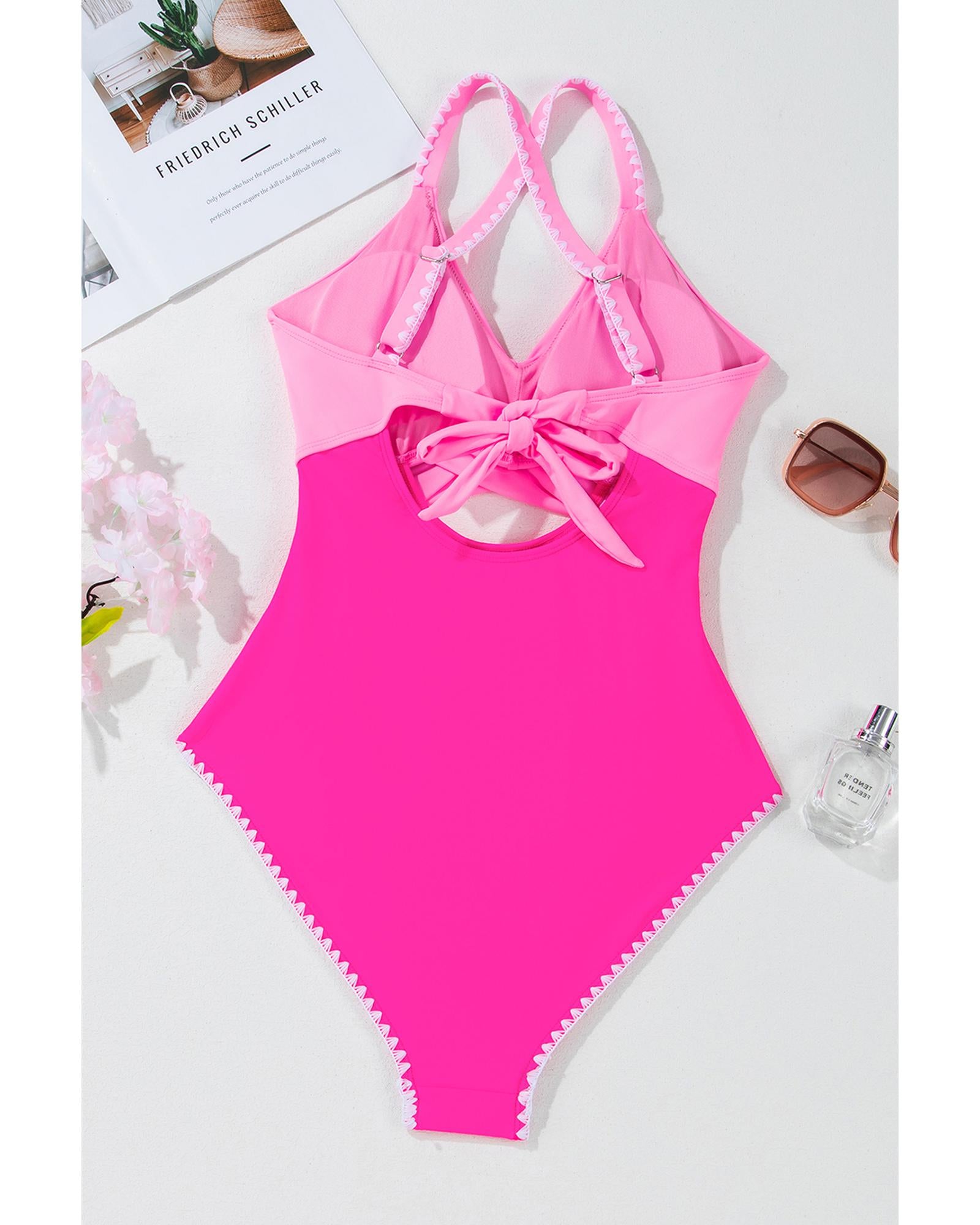 Rose Red Ric Rac Trim Contrasted Patchwork Cutout One Piece Swimsuit - M