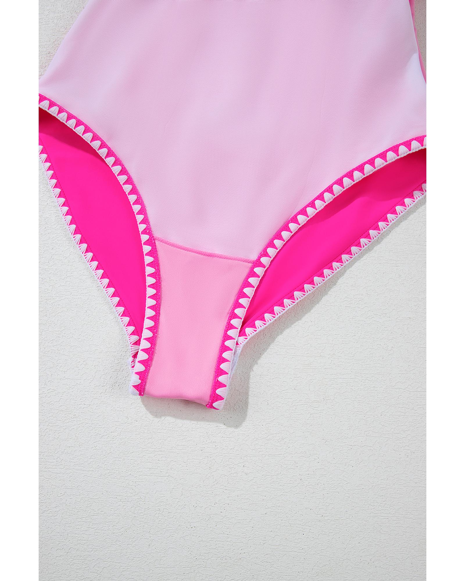 Rose Red Ric Rac Trim Contrasted Patchwork Cutout One Piece Swimsuit - XL