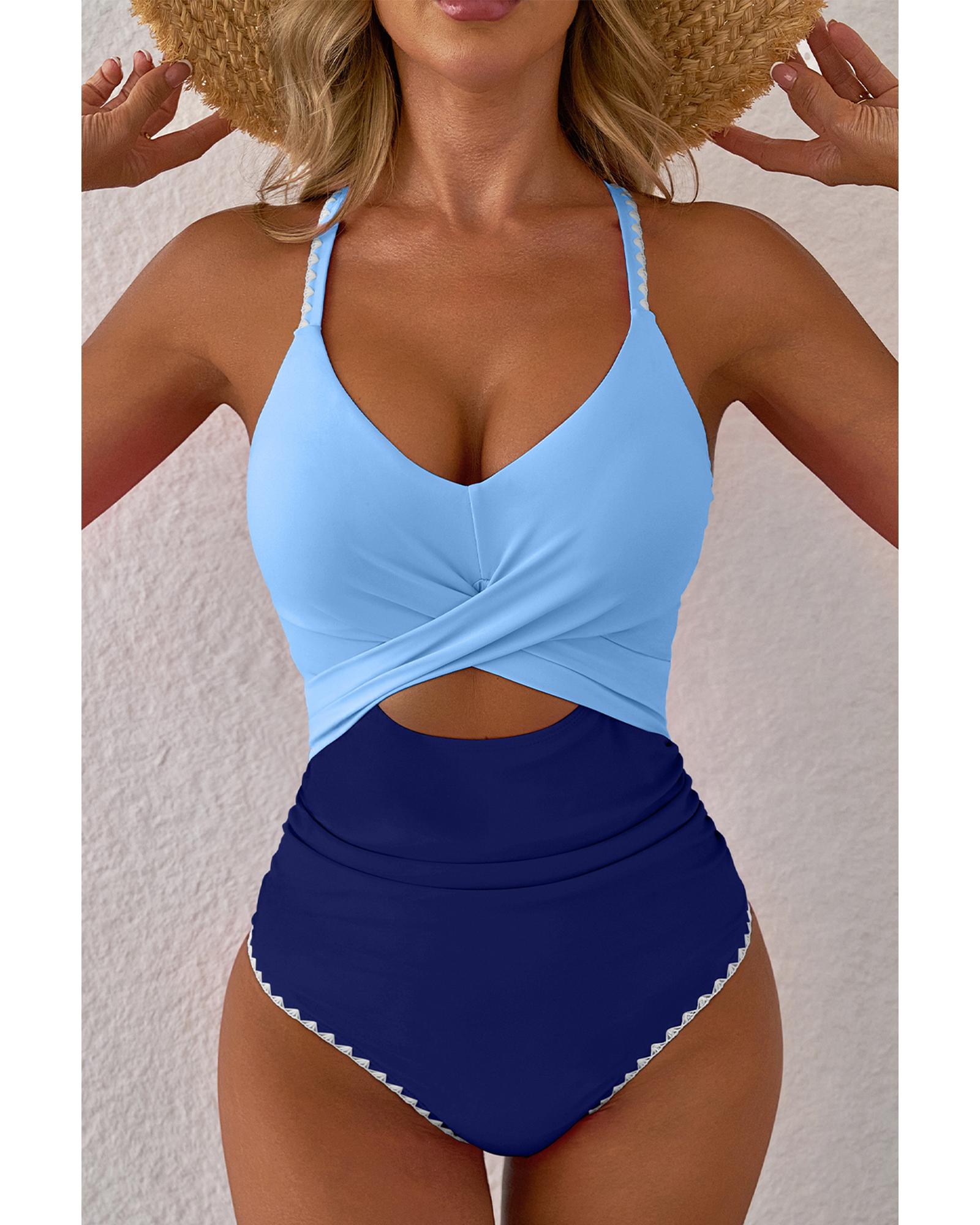 Beau Blue Ric Rac Trim Contrasted Patchwork Cutout One Piece Swimsuit - L