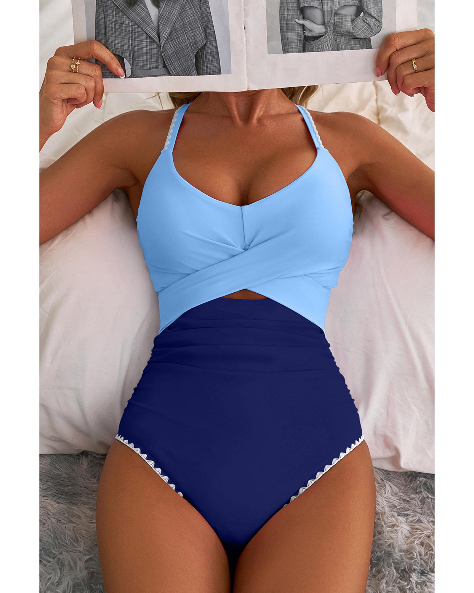 Beau Blue Ric Rac Trim Contrasted Patchwork Cutout One Piece Swimsuit - L