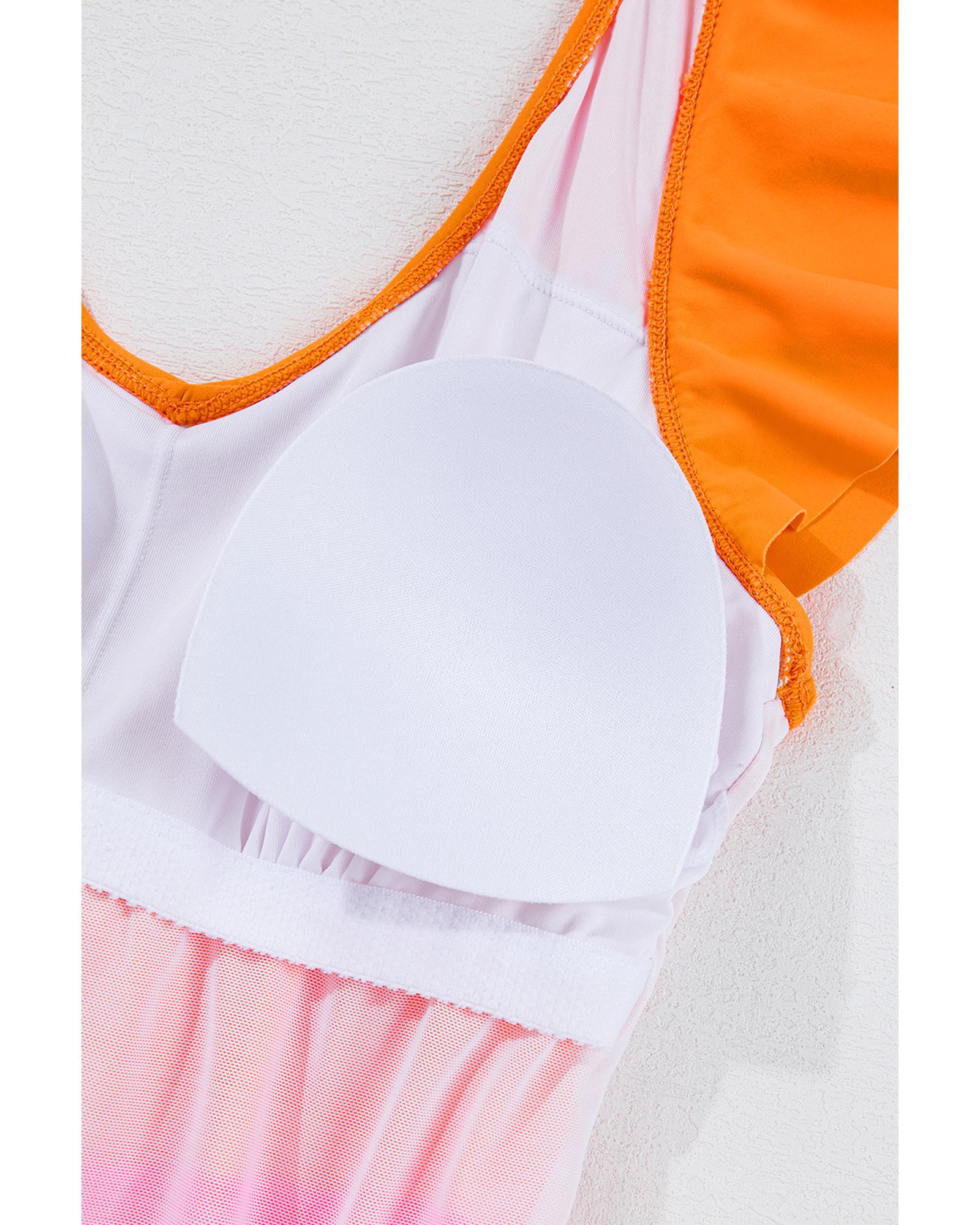 Vitality Orange Color Block Ruffled Knotted Backless One Piece Swimsuit - L