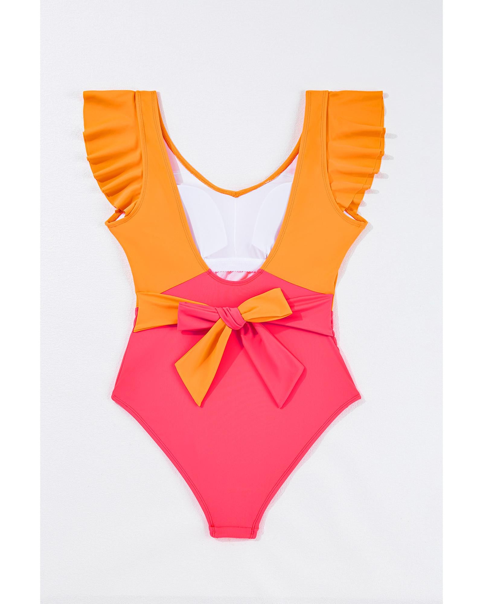 Vitality Orange Color Block Ruffled Knotted Backless One Piece Swimsuit - L