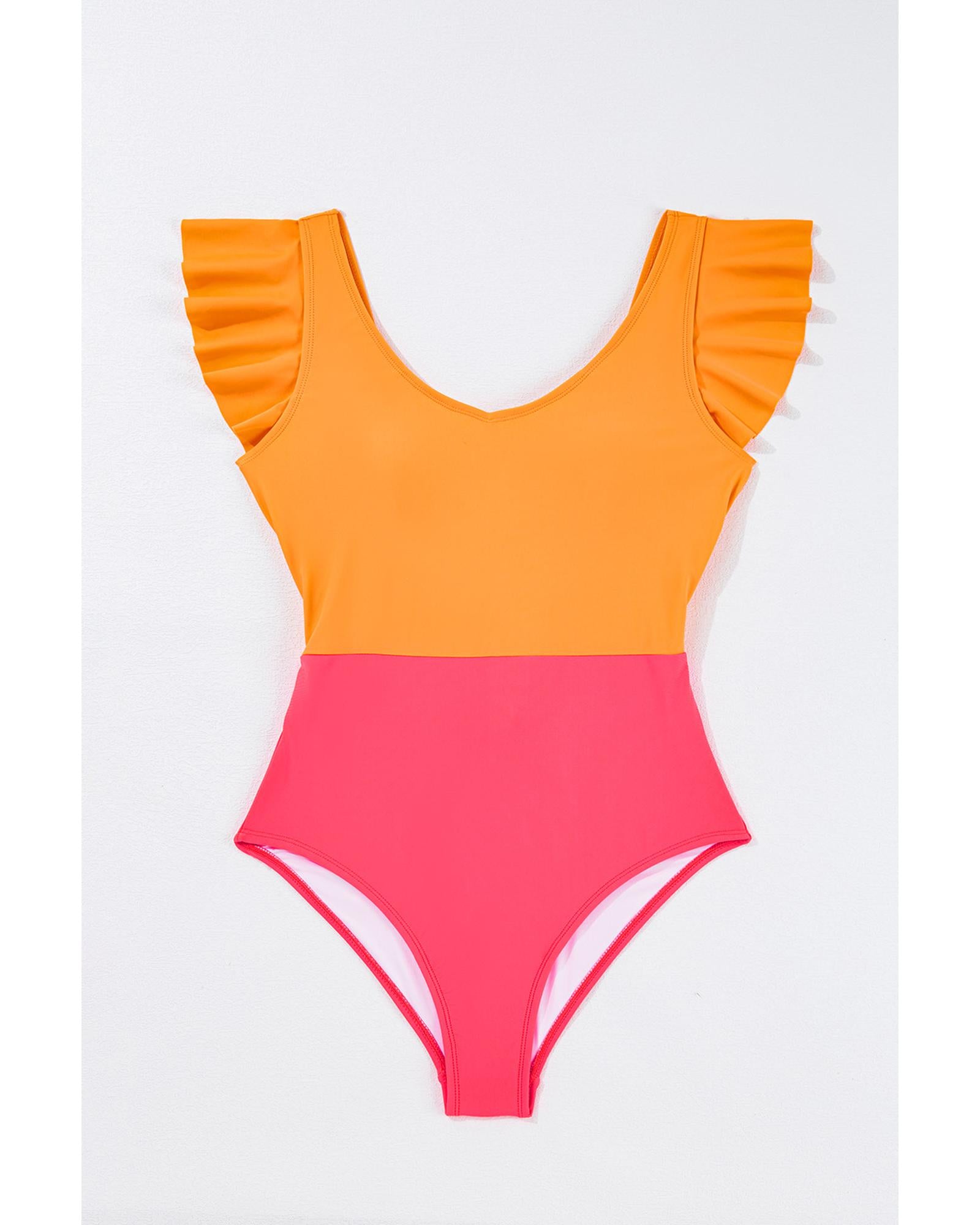 Vitality Orange Color Block Ruffled Knotted Backless One Piece Swimsuit - XL