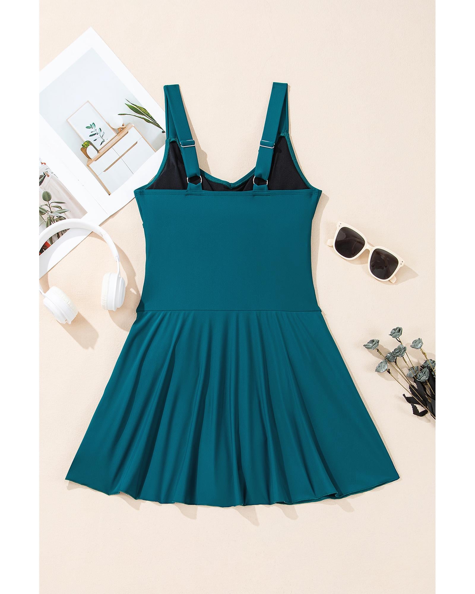 Sea Green Adjustable Straps Cutout Ruched Knot Slit One Piece Swim Dress - XL