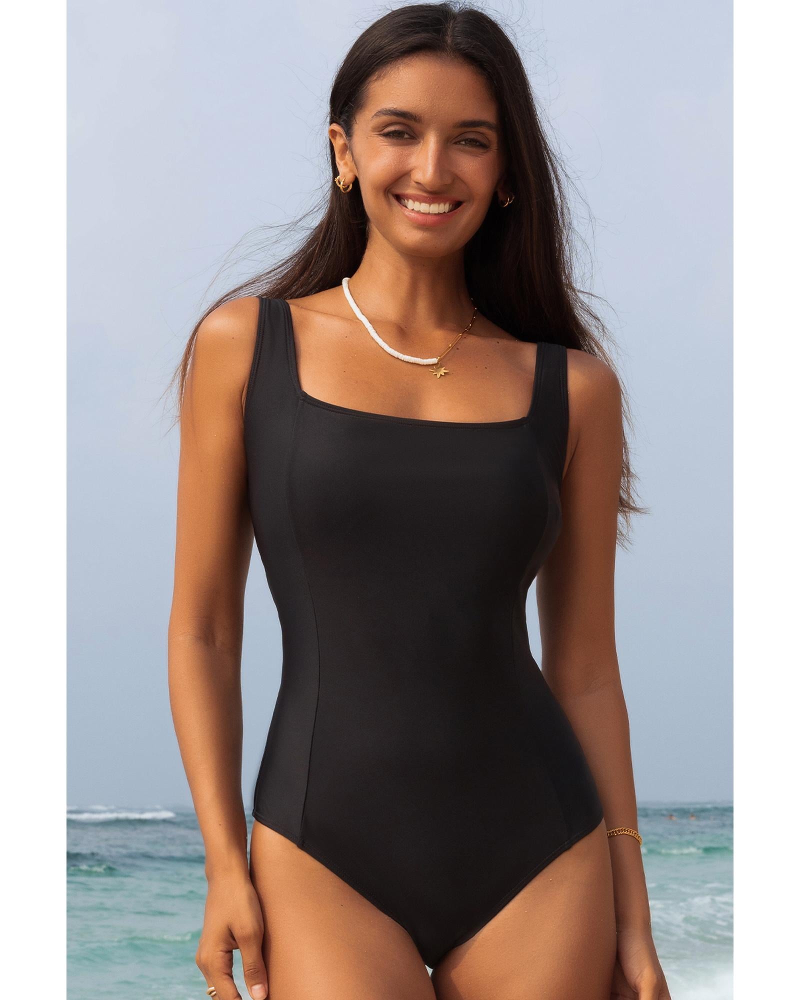 Black Solid Criss Cross Backless Square Neck One Piece Swimsuit - M