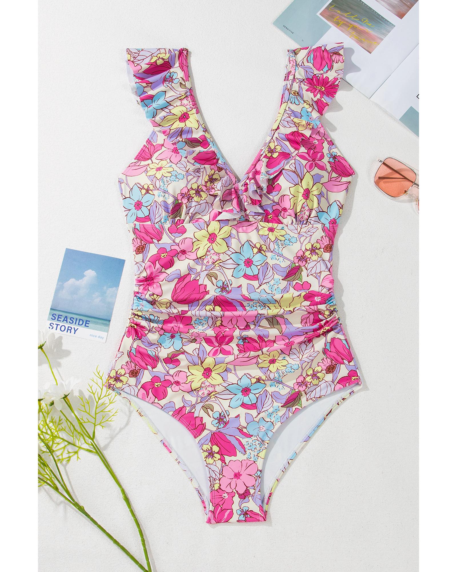 Pink Floral Ruffle Trim V Neck Lace-up Back Tummy Control One Piece Swimsuit - M