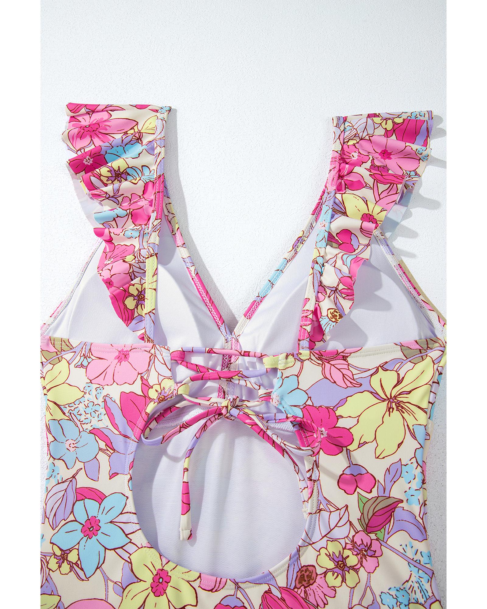 Pink Floral Ruffle Trim V Neck Lace-up Back Tummy Control One Piece Swimsuit - M