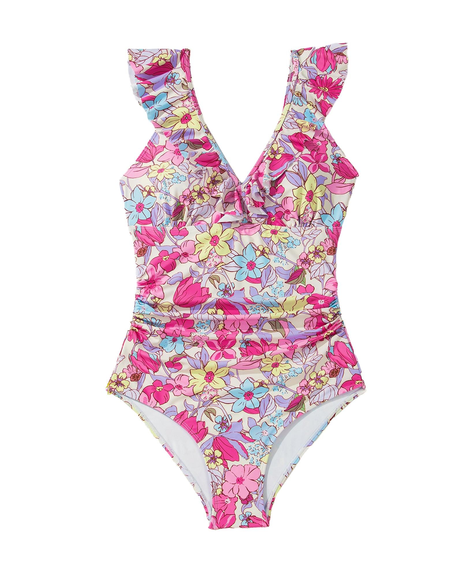 Pink Floral Ruffle Trim V Neck Lace-up Back Tummy Control One Piece Swimsuit - M