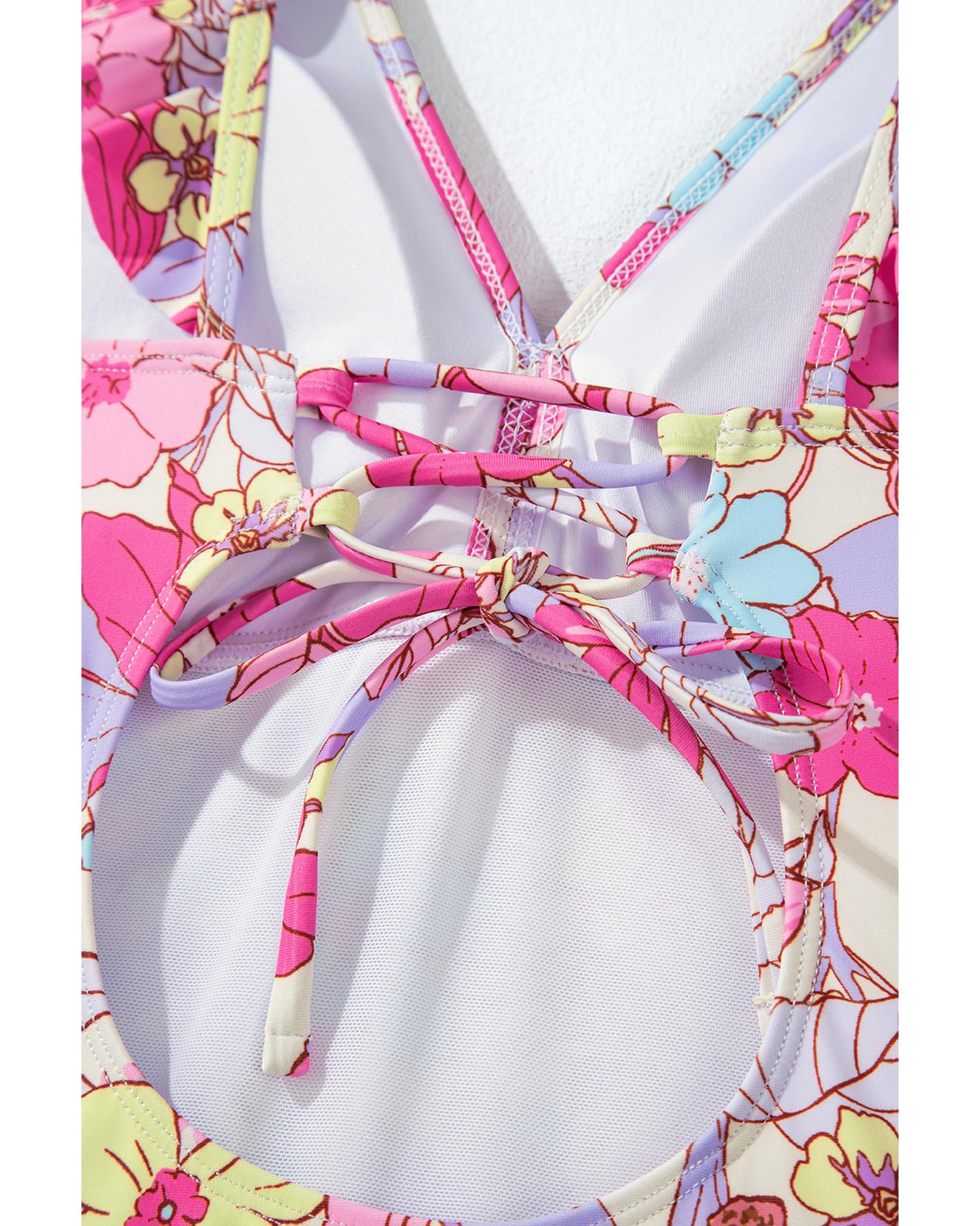 Pink Floral Ruffle Trim V Neck Lace-up Back Tummy Control One Piece Swimsuit - M