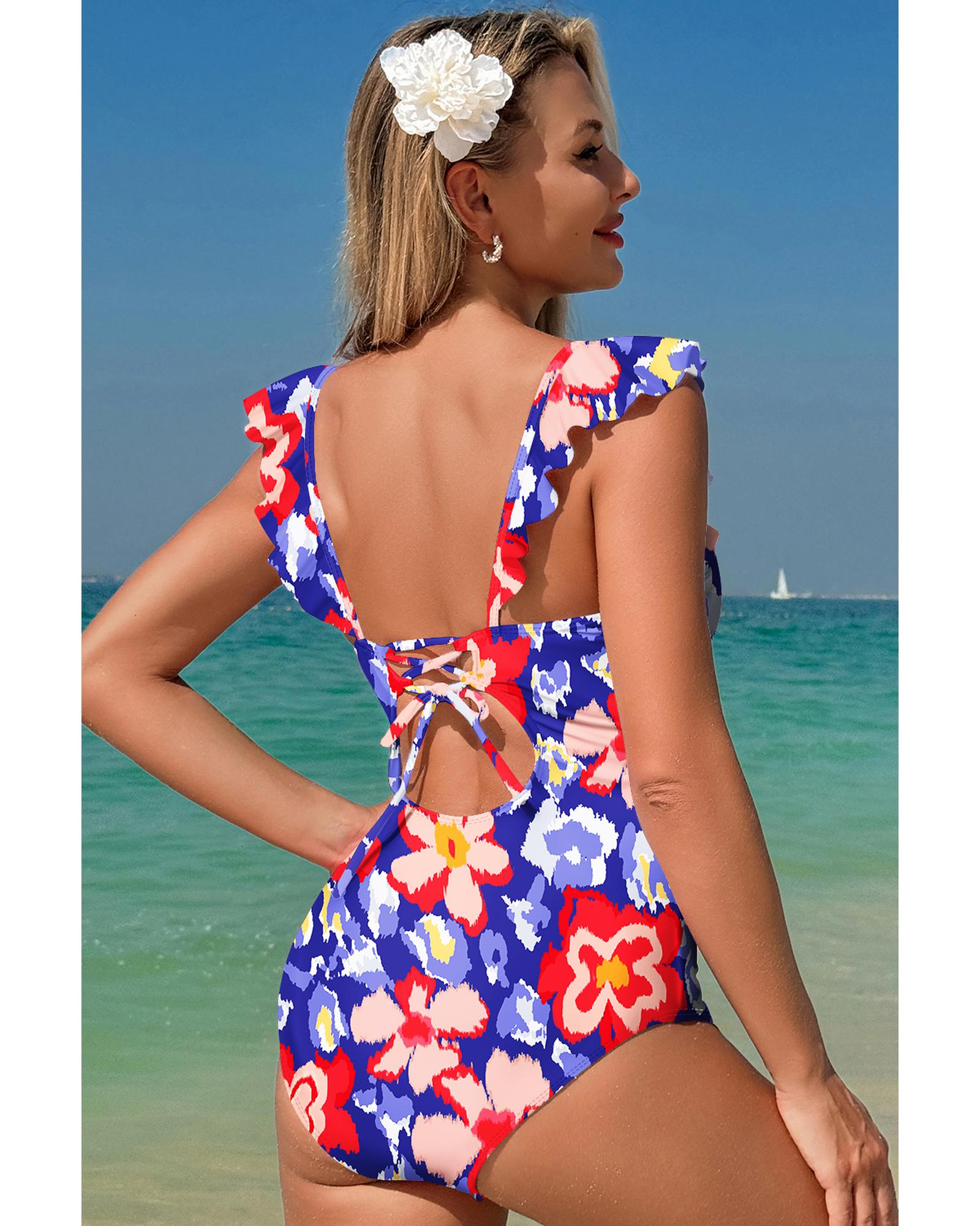 Blue Floral Ruffle Trim V Neck Lace-up Back Tummy Control One Piece Swimsuit - XL