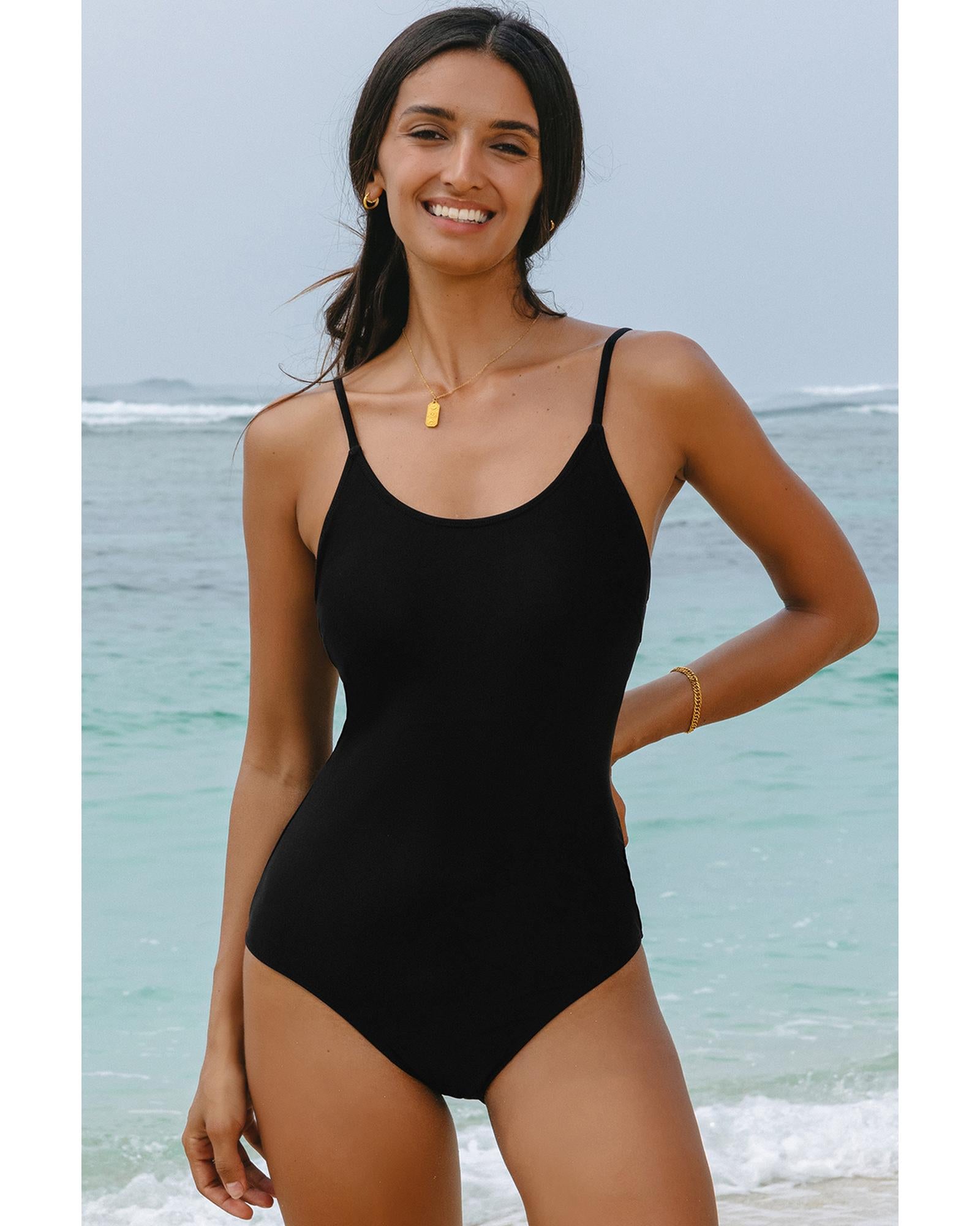 Black Thin Strap Strappy Lace-up Open Back One Piece Swimsuit - XL