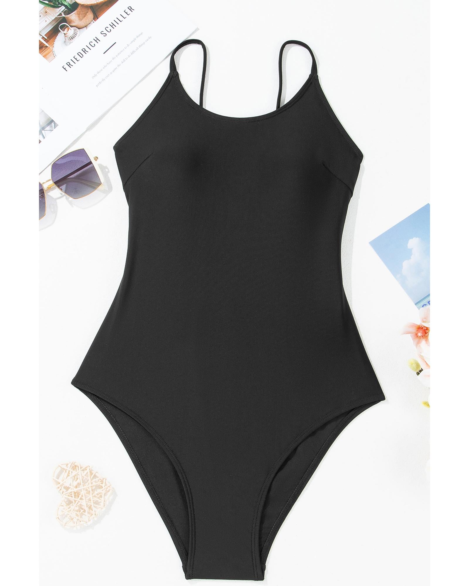 Black Thin Strap Strappy Lace-up Open Back One Piece Swimsuit - XL