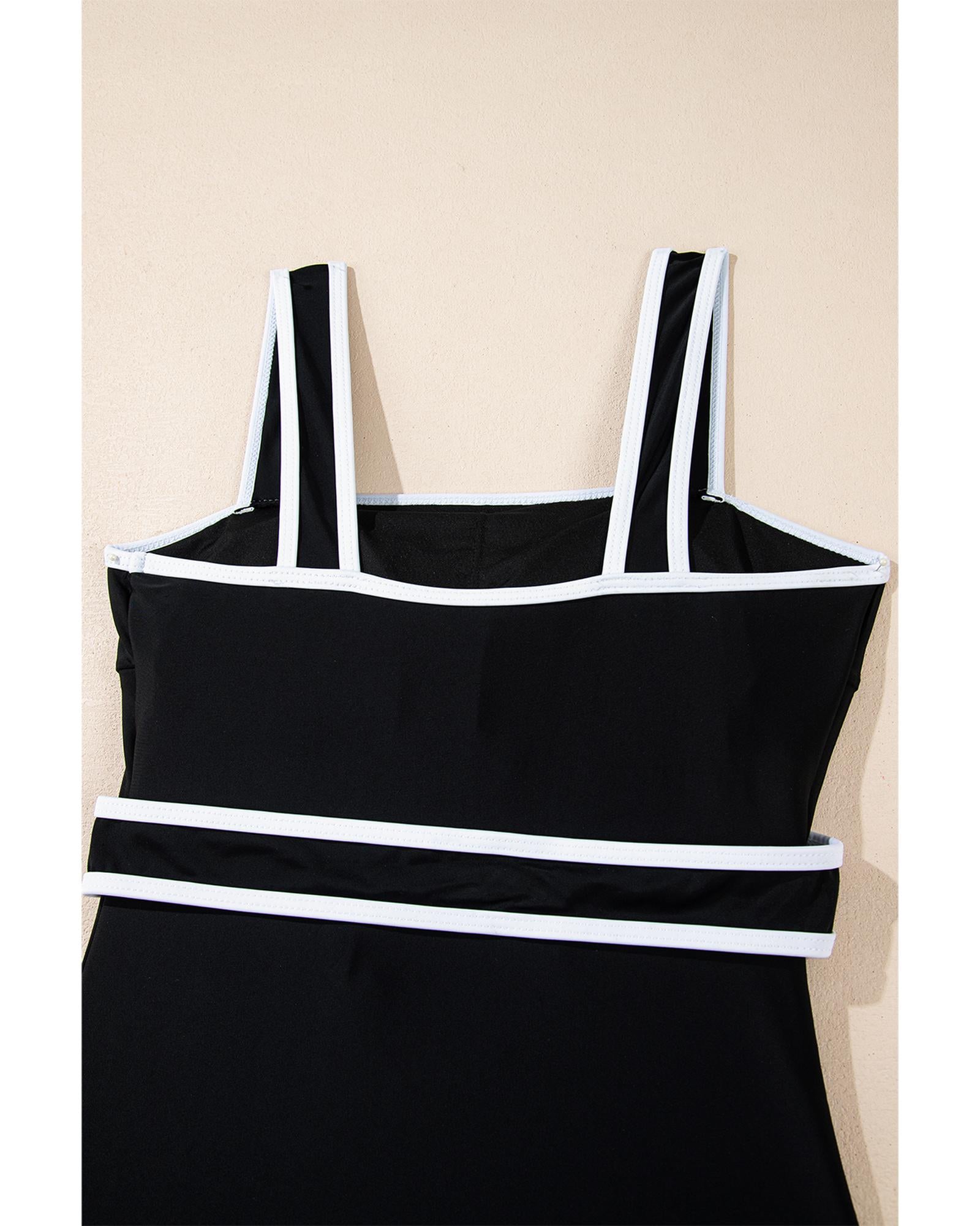 Black Colorblock Edge Belted One Piece Swimsuit - L