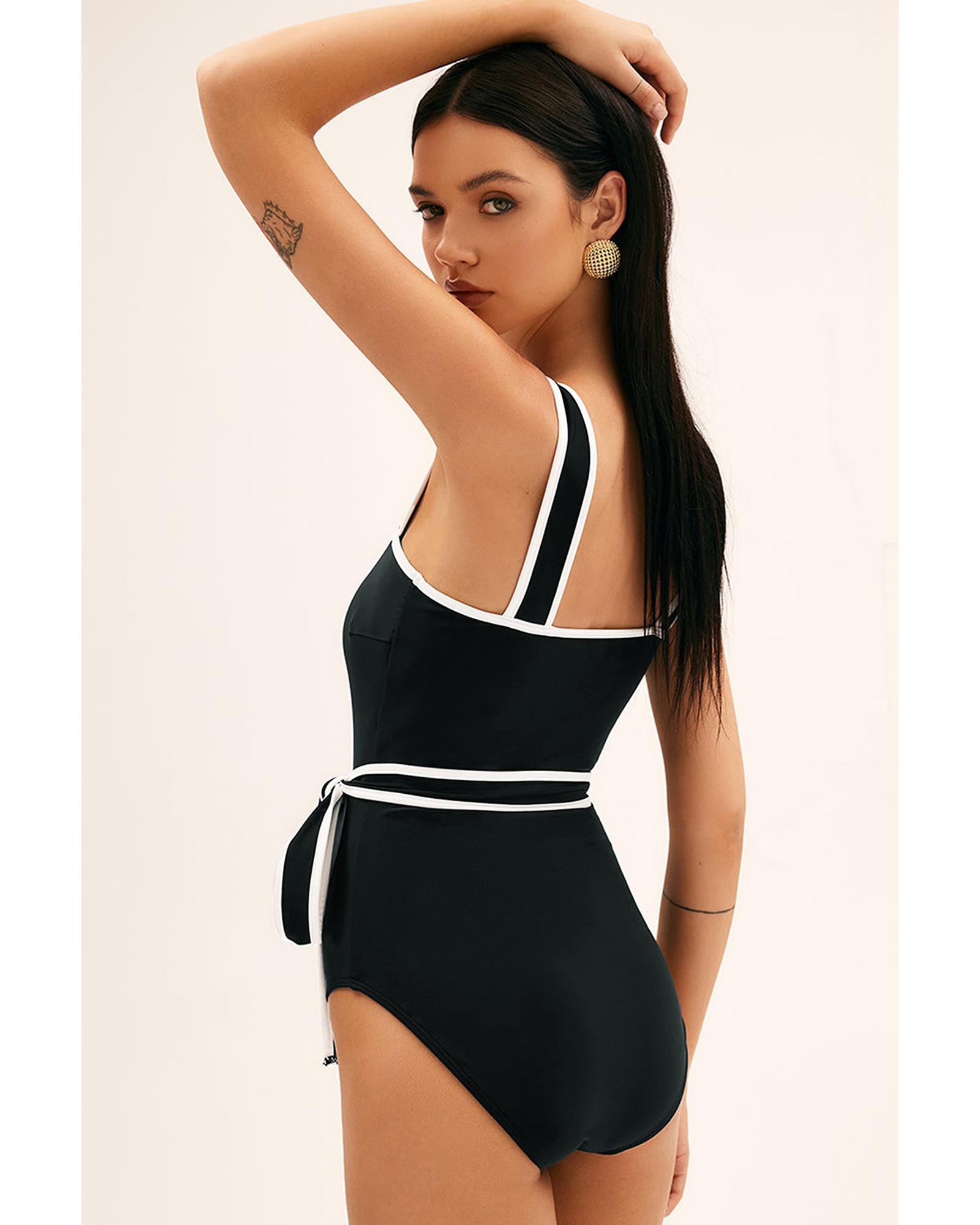 Black Colorblock Edge Belted One Piece Swimsuit - L