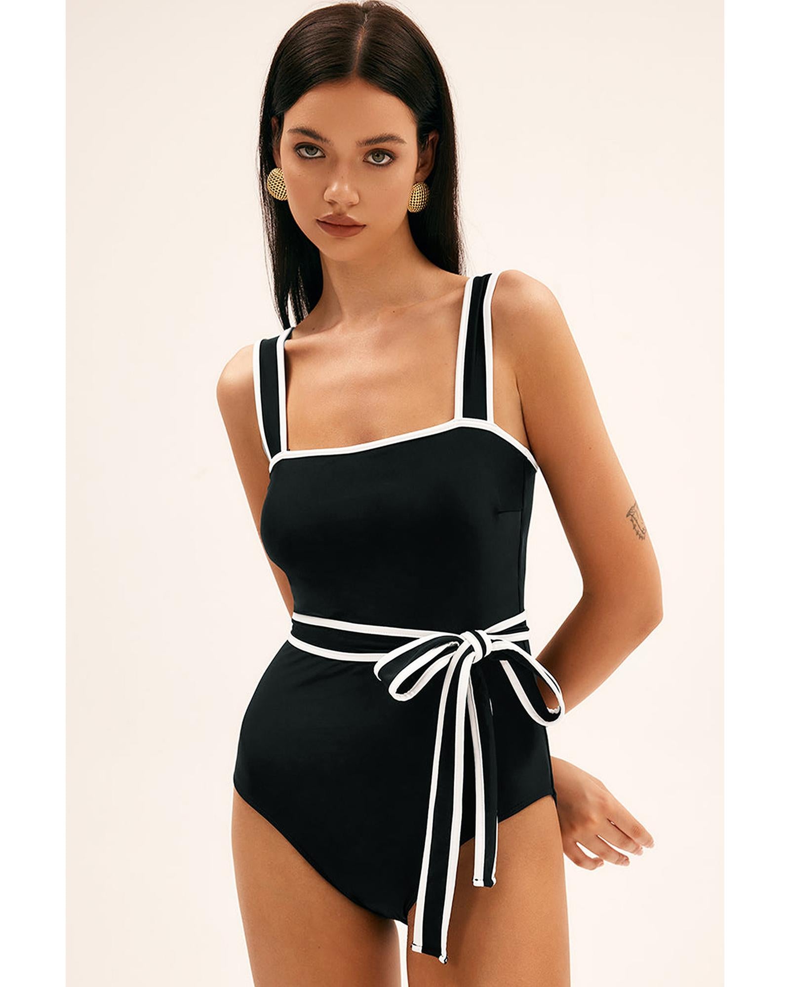 Black Colorblock Edge Belted One Piece Swimsuit - S