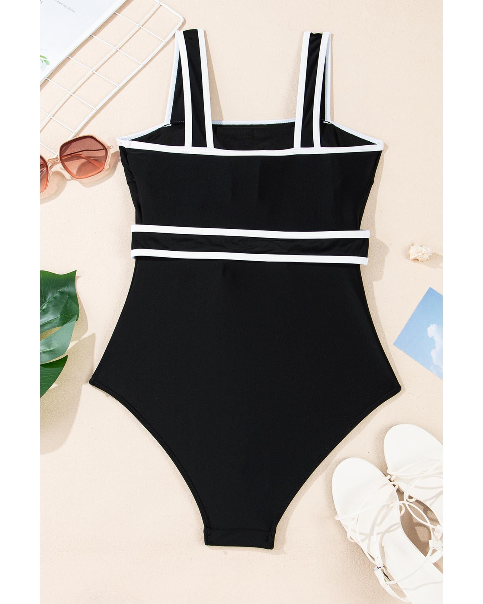 Black Colorblock Edge Belted One Piece Swimsuit - S