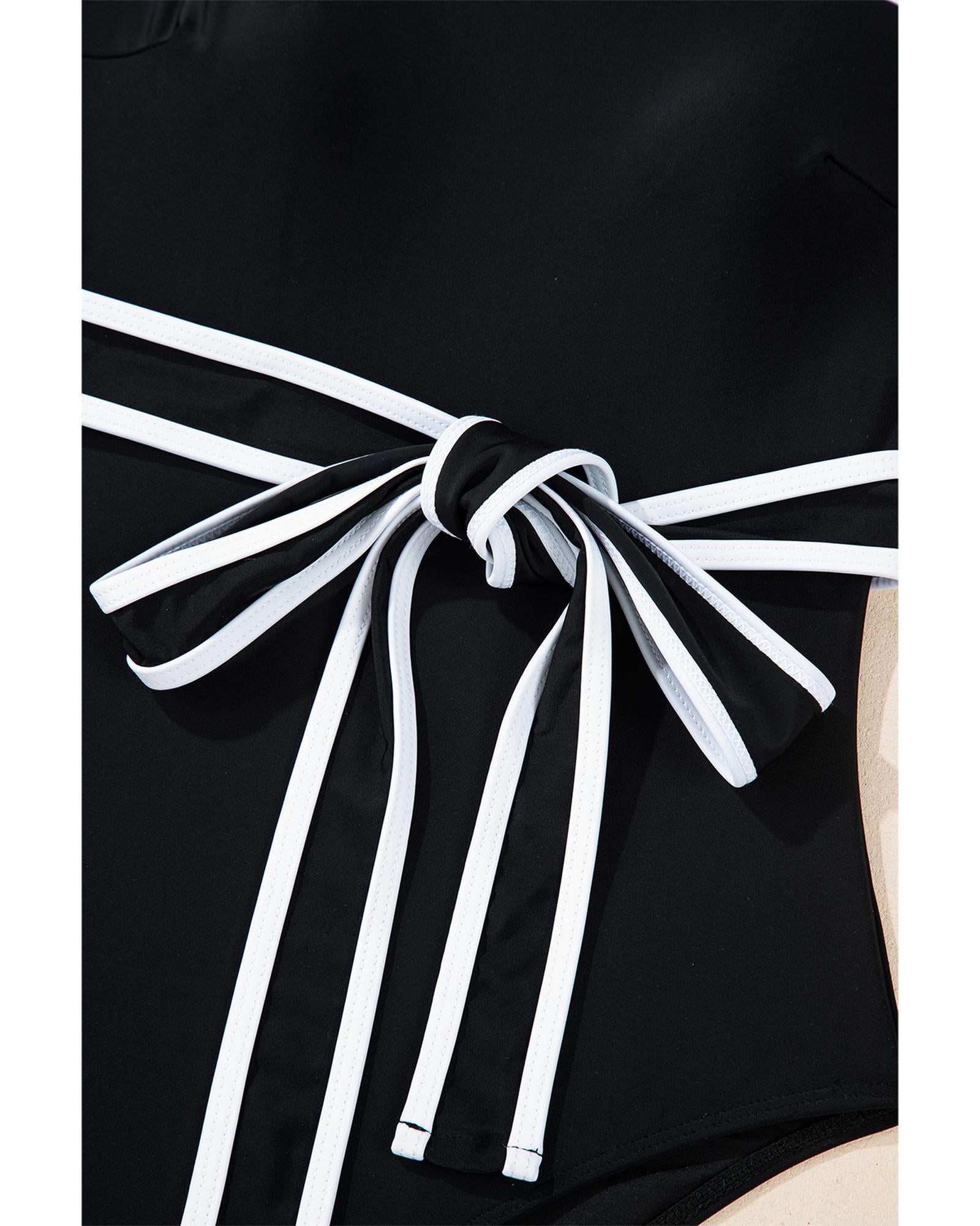 Black Colorblock Edge Belted One Piece Swimsuit - S