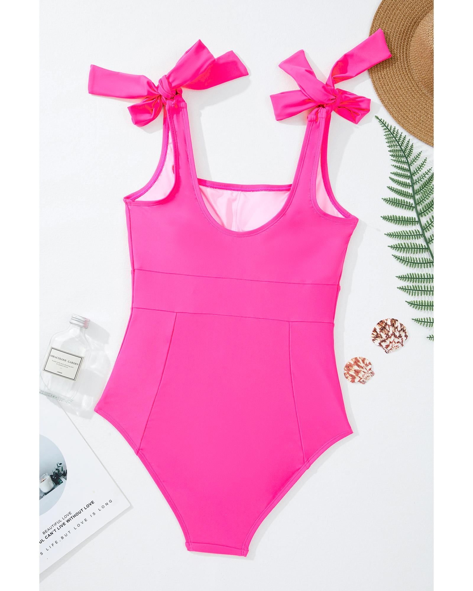 Rose Red Square Neck Knotted Shoulder Open Back One Piece Swimsuit - M