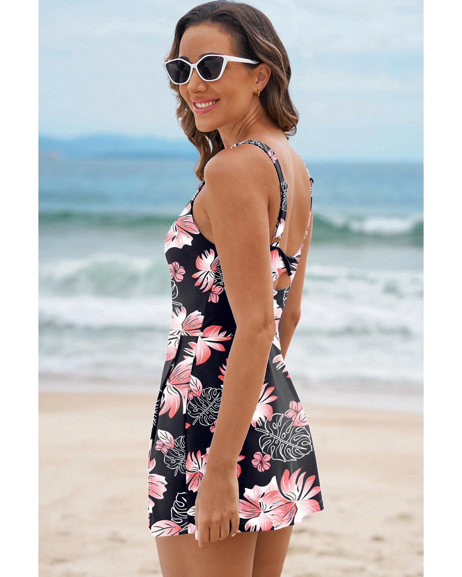 Black Floral Print Twisted Hollowed Back Swim Dress - 2XL