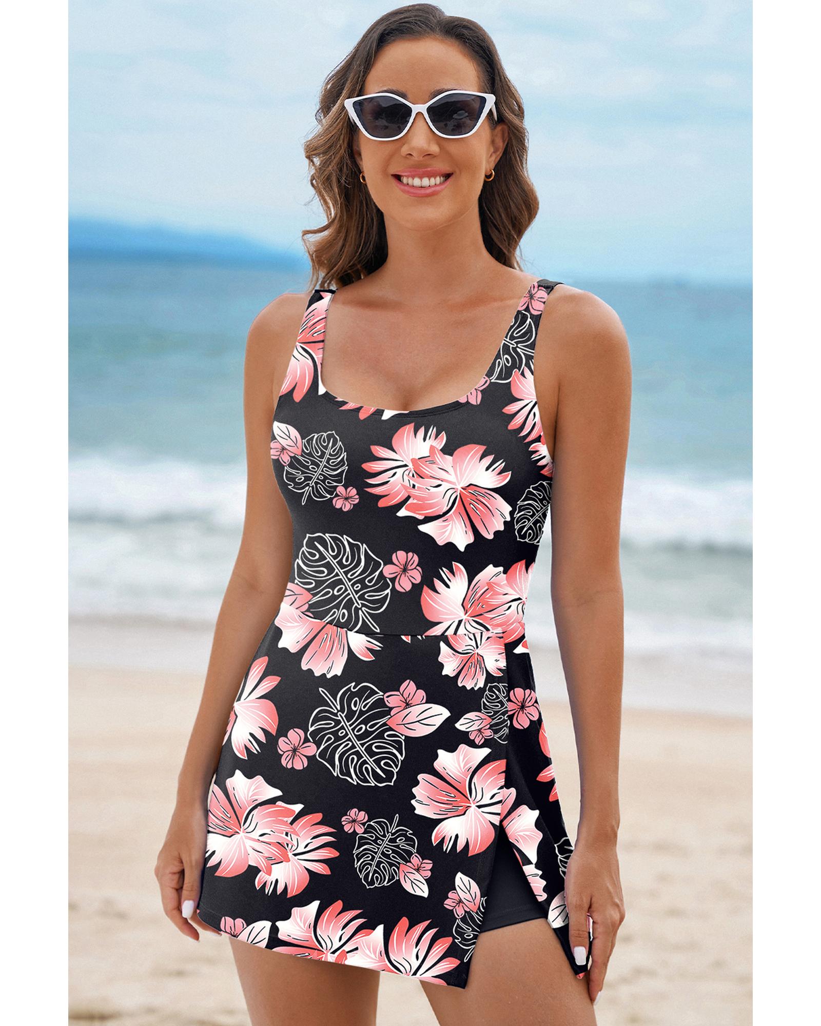 Black Floral Print Twisted Hollowed Back Swim Dress - 2XL
