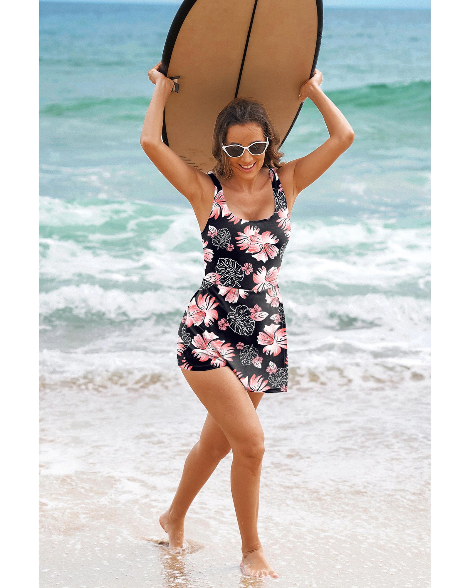 Black Floral Print Twisted Hollowed Back Swim Dress - 2XL