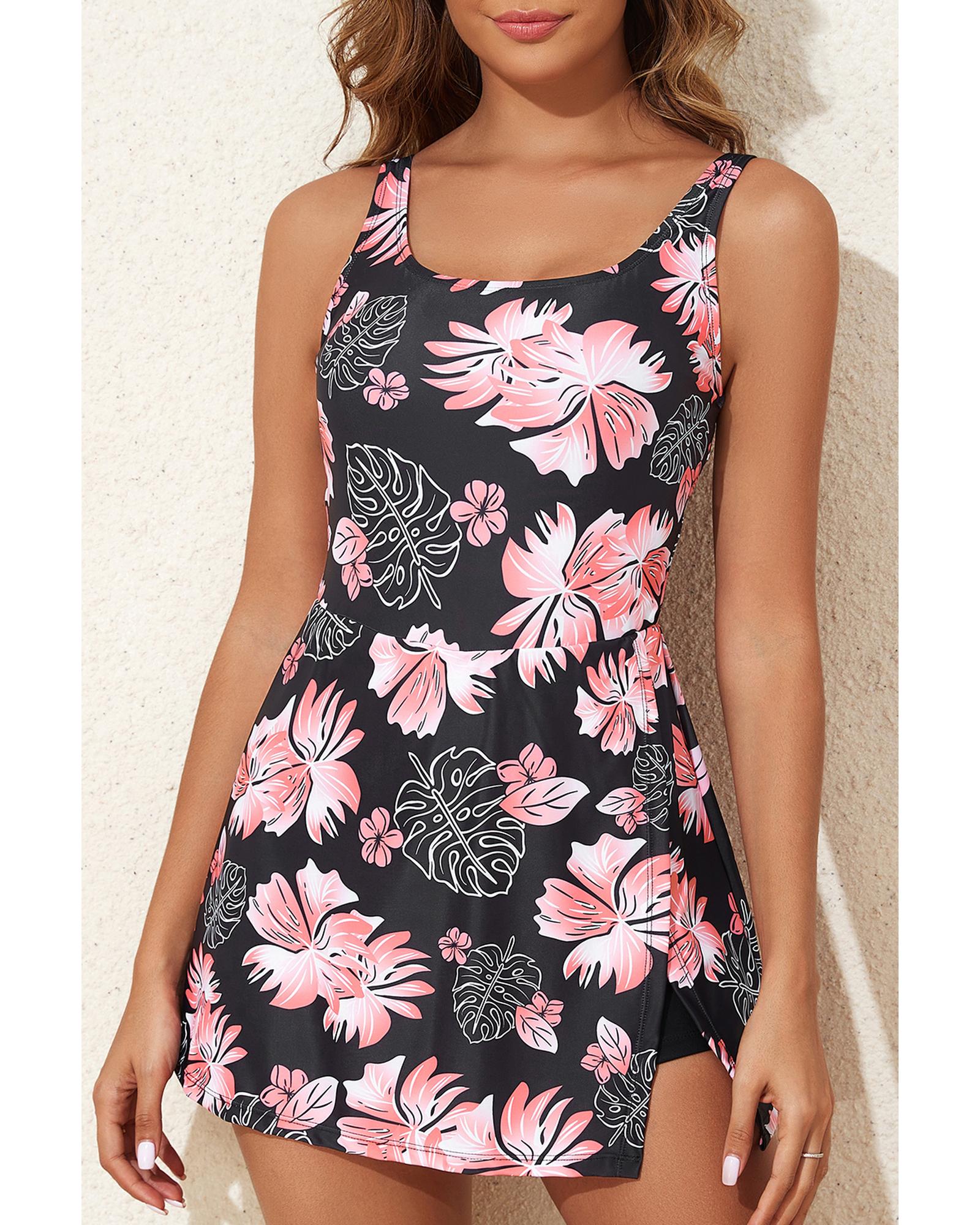 Black Floral Print Twisted Hollowed Back Swim Dress - 2XL