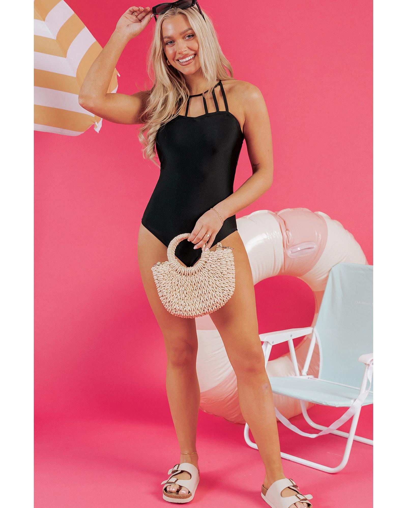 Black Sleeveless Strappy Halter Neck Sexy One Piece Swimsuit - 2XL
