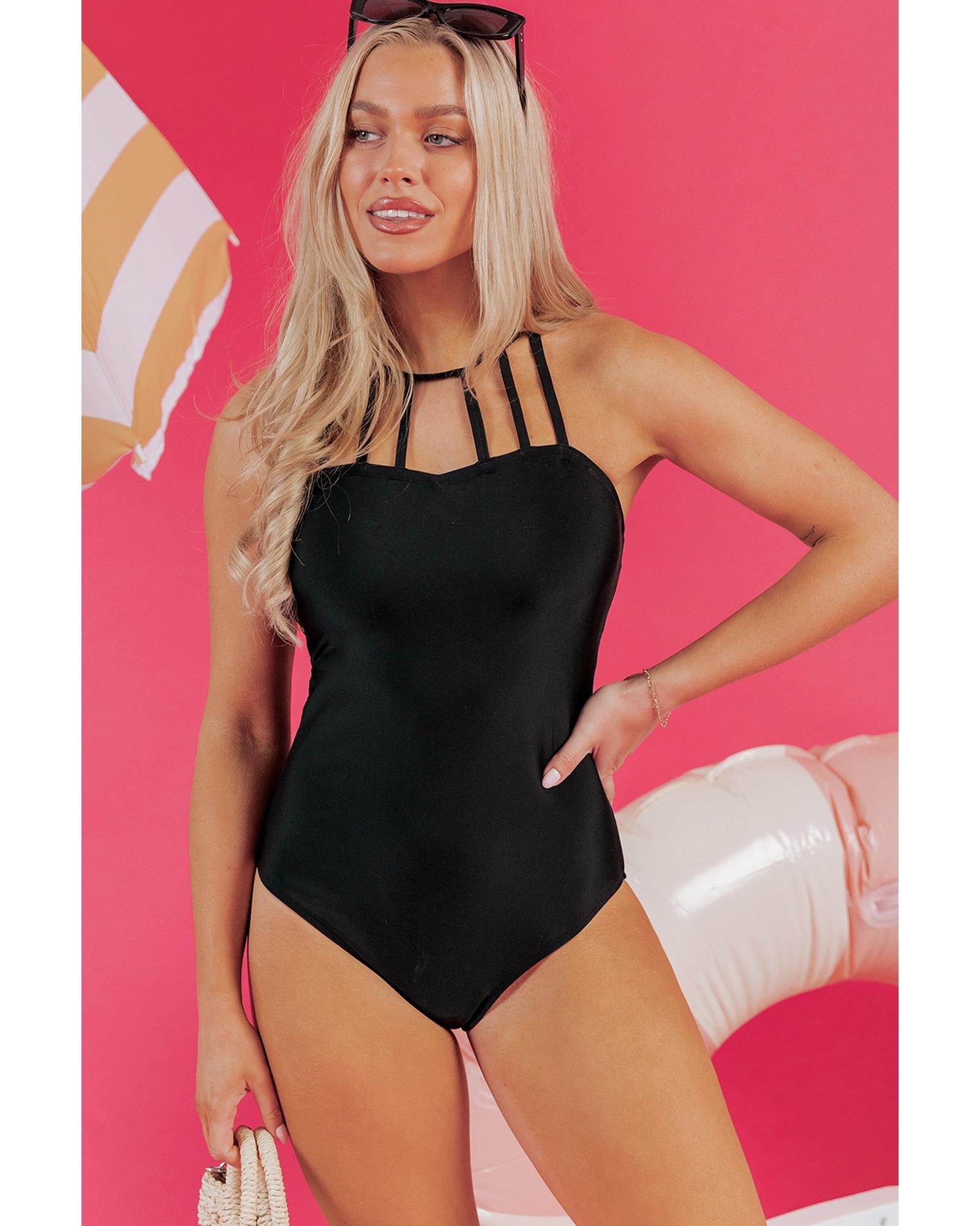 Black Sleeveless Strappy Halter Neck Sexy One Piece Swimsuit - 2XL