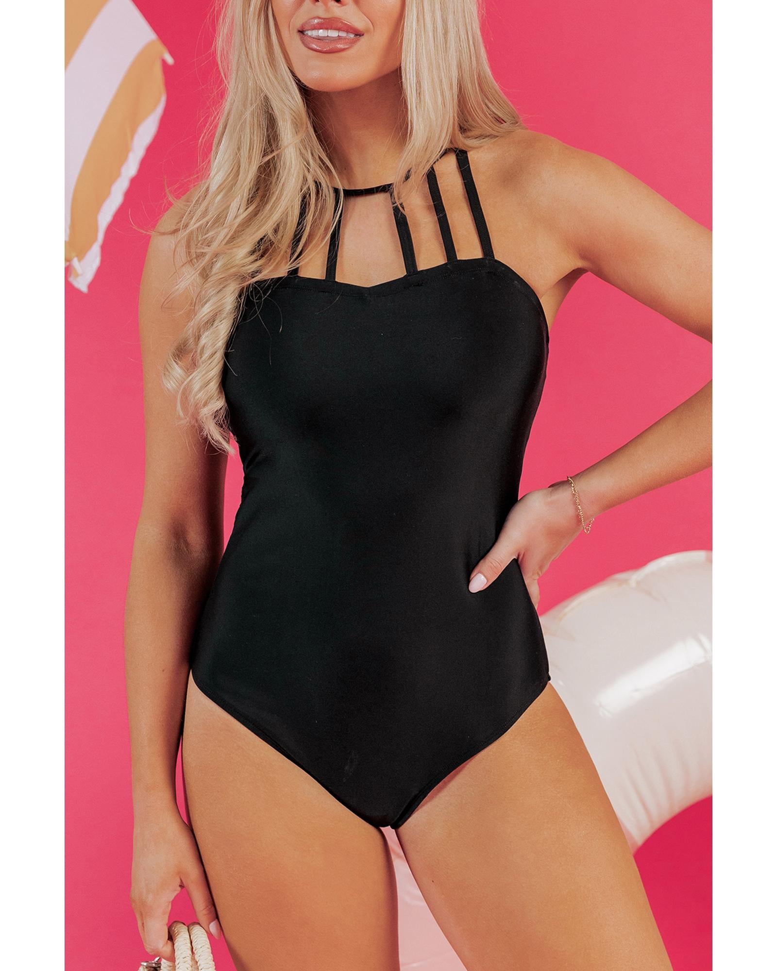 Black Sleeveless Strappy Halter Neck Sexy One Piece Swimsuit - 2XL