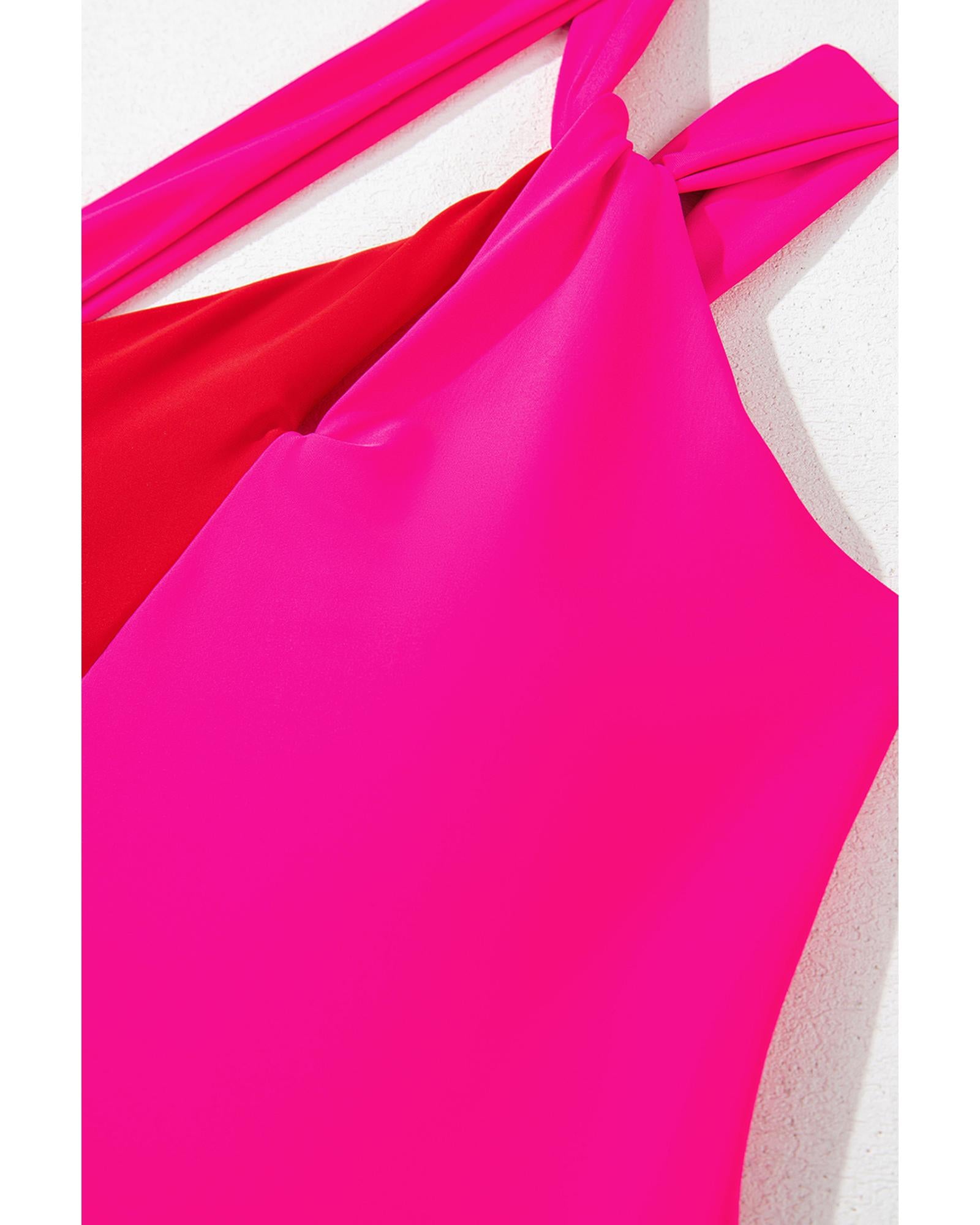 Rose Red Knotted One Shoulder Two Tones Backless One Piece Swimsuit - M