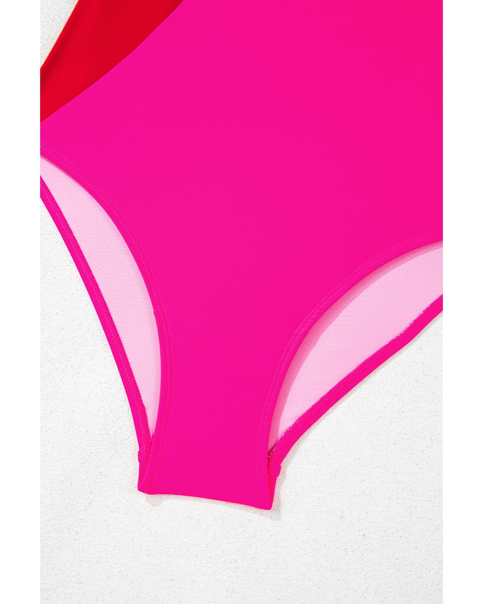 Rose Red Knotted One Shoulder Two Tones Backless One Piece Swimsuit - M