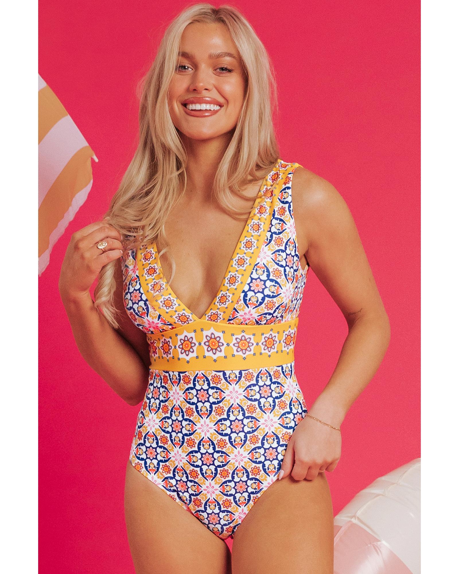 Yellow Floral Print V Neck One Piece Swimsuit - M